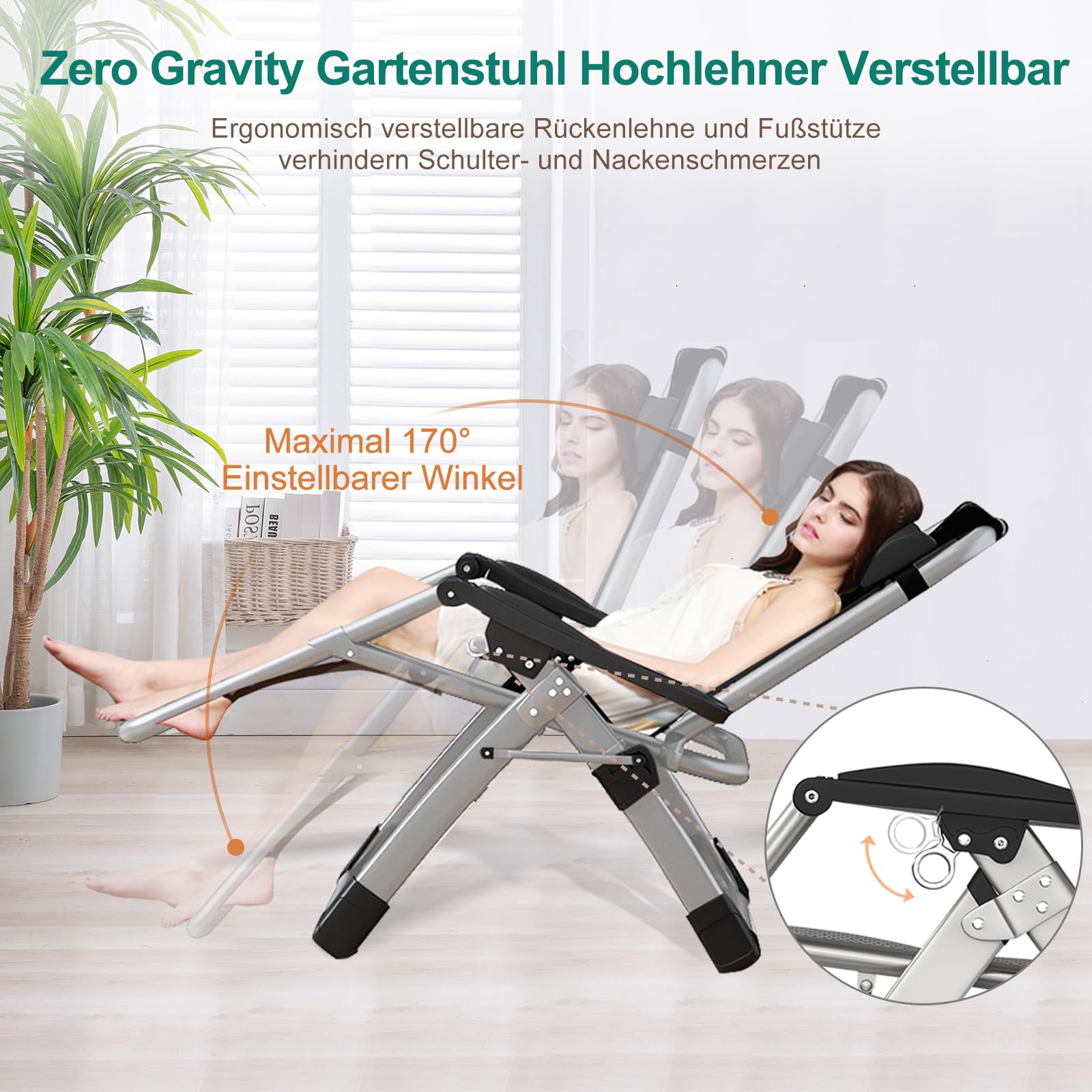 Tumbona plegable, capacidad de carga de 200 kg, silla de gravedad cero, portabilidad, tumbona con cojín, soporte para tazas, extra ancho, ángulo ajustable, tumbona de jardín, adecuada para