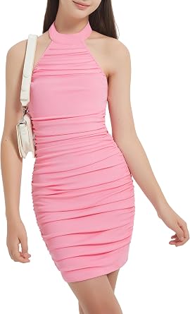 EXARUS Girls Teen Dress Summer Sleeveless/Short Sleeve Dresses Bodycon | Casual Ruched Vacation Beach Mini Tight Tween Party Junior Preteen Fitted Kids Dance Ribbed Plain Semi Formal Youth 8-14Y