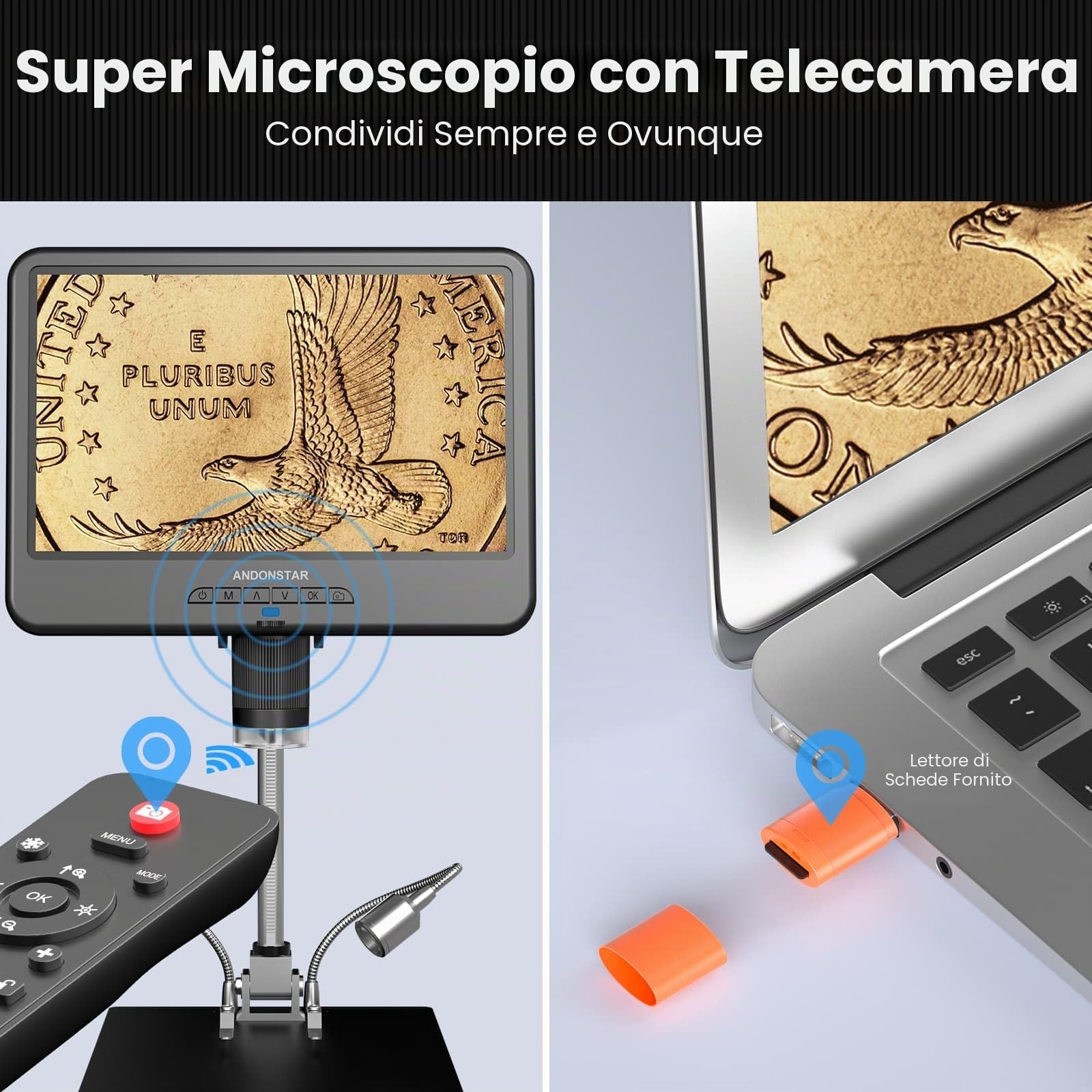 Andonstar AD210 Microscopio digitale LCD da 10,1 pollici per riparazione elettronica, fotocamera per moneta vista completa