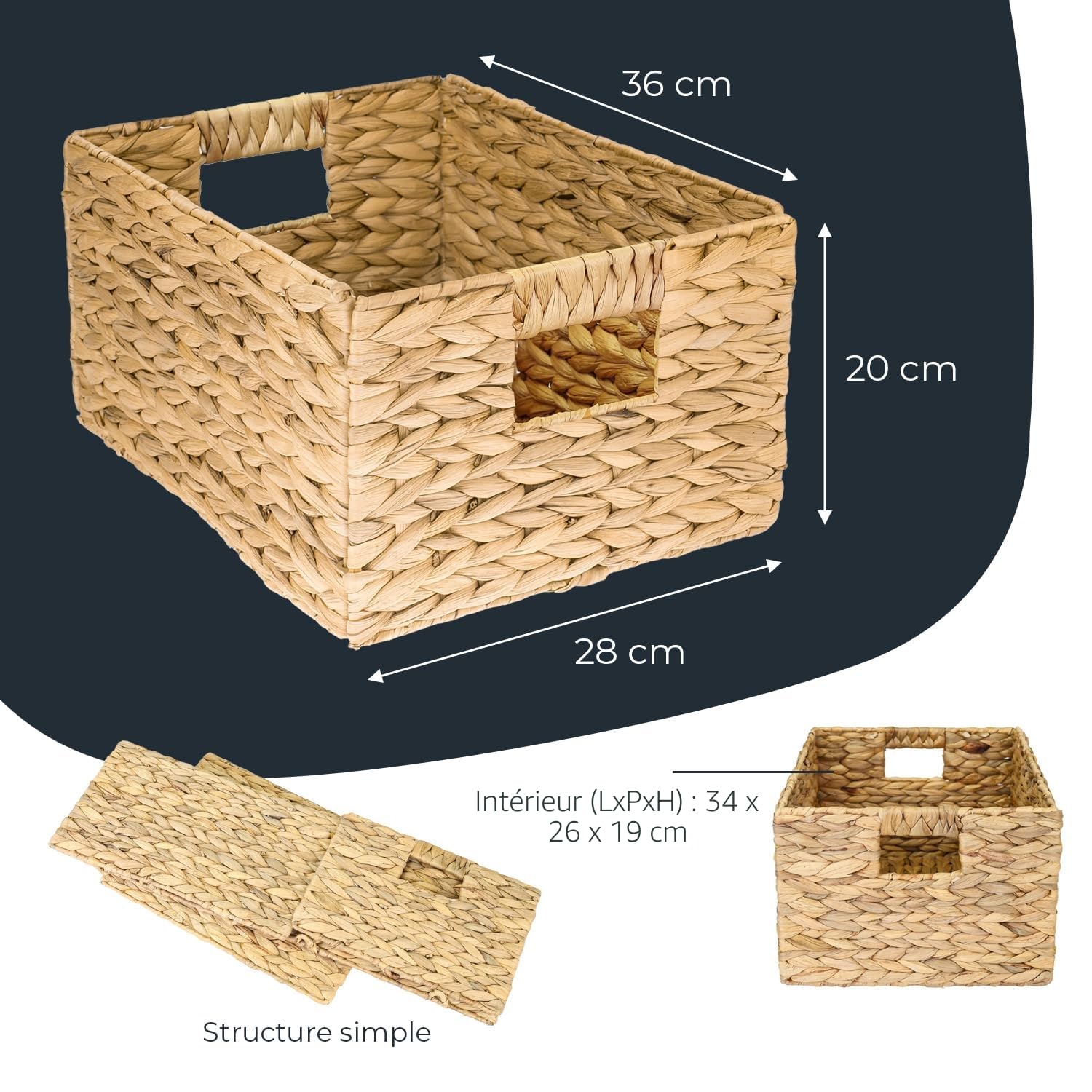 HMF panier de rangement, panier pliable tressé en jacinthe d'eau jonc de mer | taille L | 36 x 28 x 20 cm