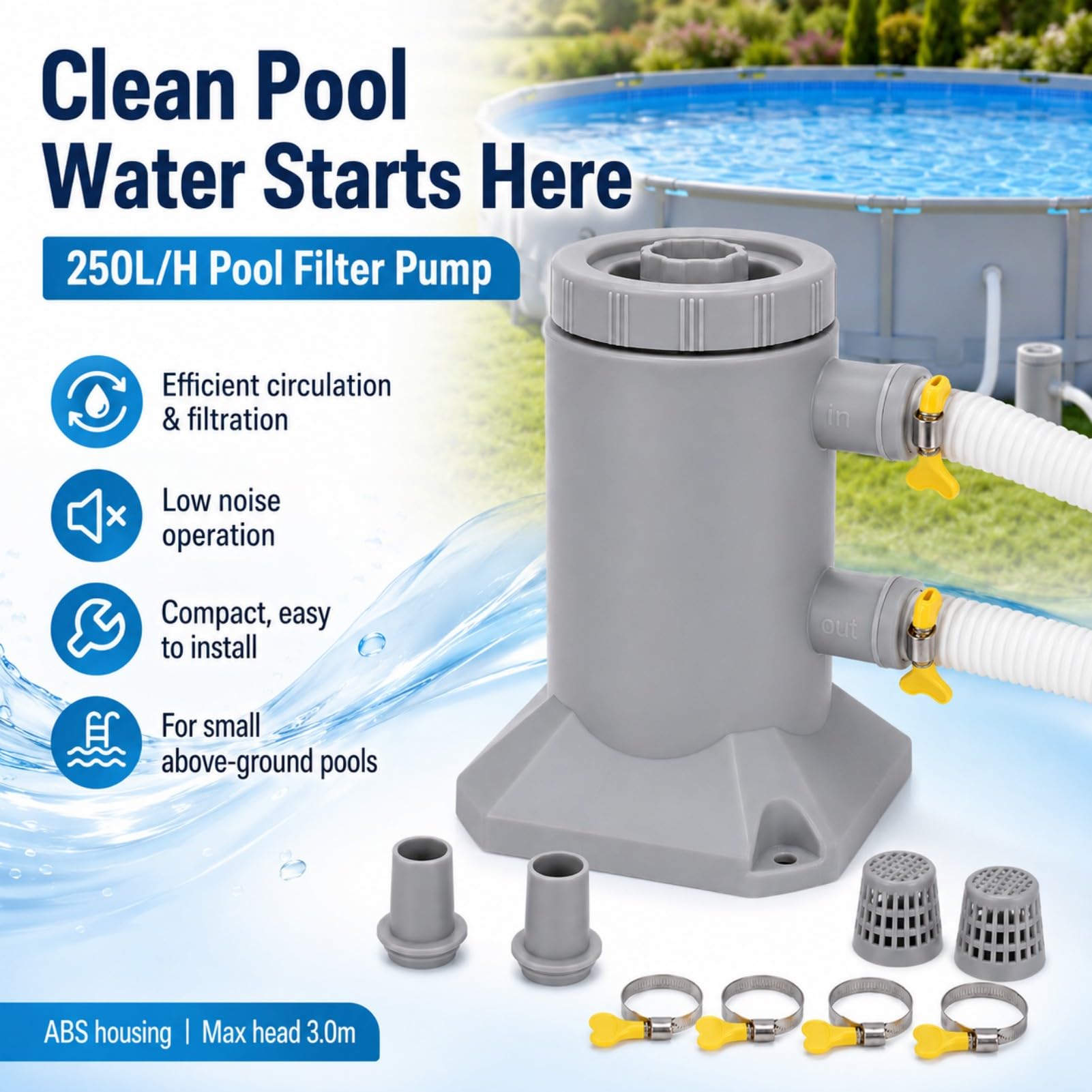 Bomba de Filtro para Piscina 250L/H ABS Silenciosa para Piscinas Pequeñas | Bomba de filtro 250L/H de ABS, silenciosa y fácil de instalar para circulación y filtración en piscinas pequeñas.