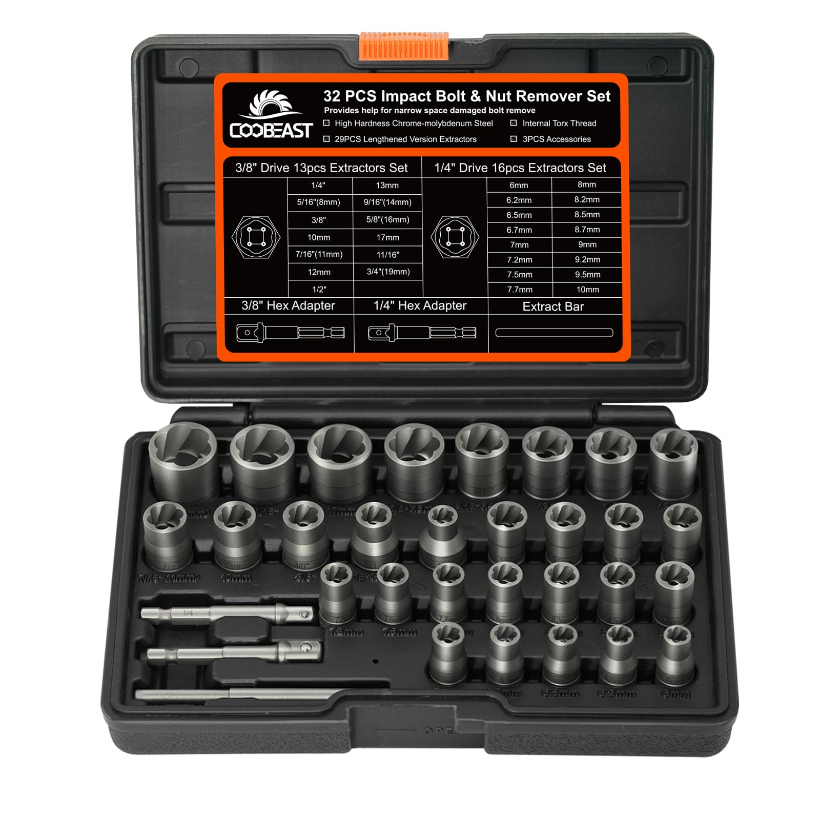 Bolt Extractor Kit, 32Pcs Impact Bolt & Nut Remover Set, Stripped Bolt Extractor Socket Set for Damaged, Frozen, Rusted, Rounded, Broken Bolts Nuts Screws Remove