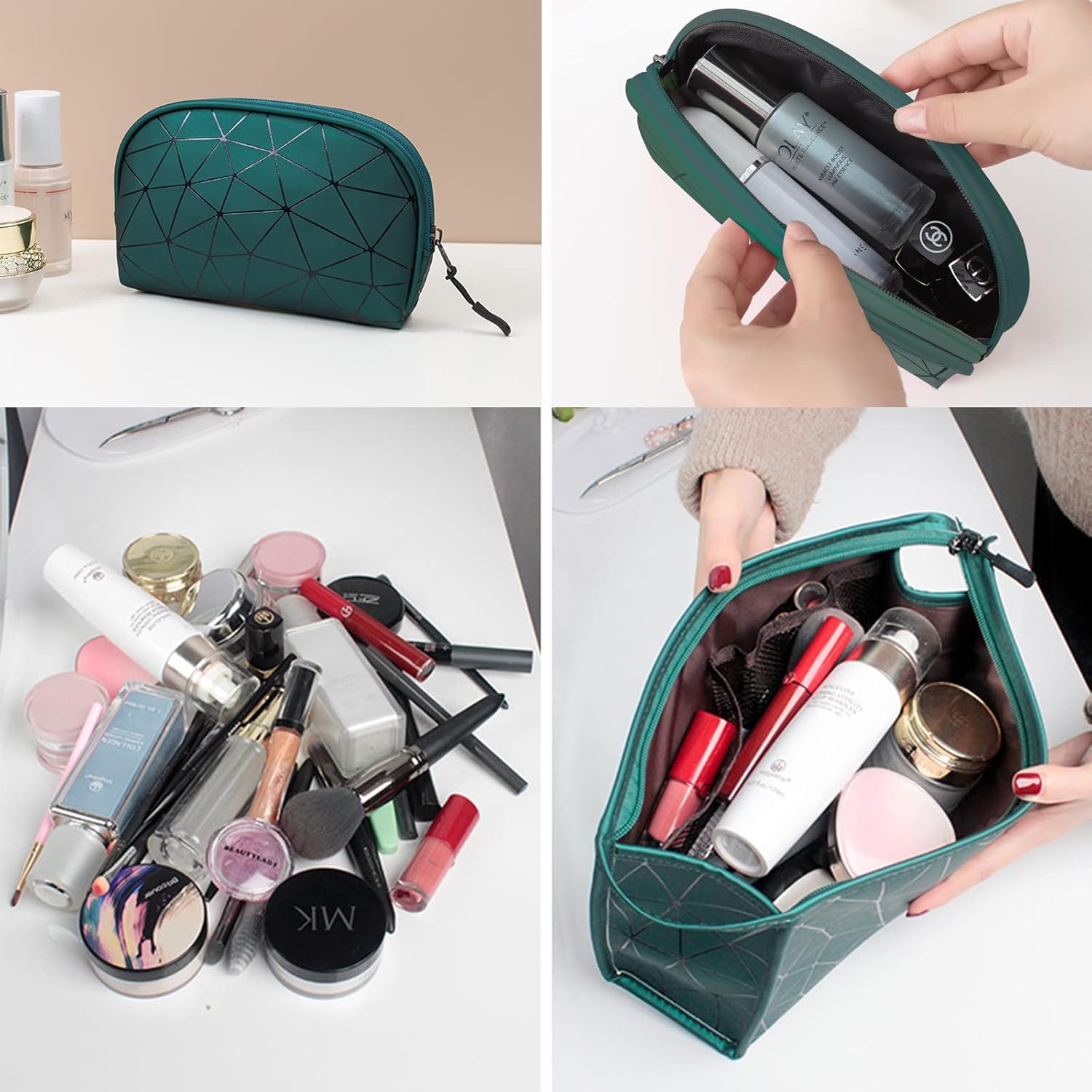 3Pcs Cosmetic Bag for Women Double layer Geometric Travel Makeup Case Portable Travel Makeup Bags Set Makeup Organizer Cosmetic Travel Bag Gifts for Women (Dark Green) : Beauty & Personal Care