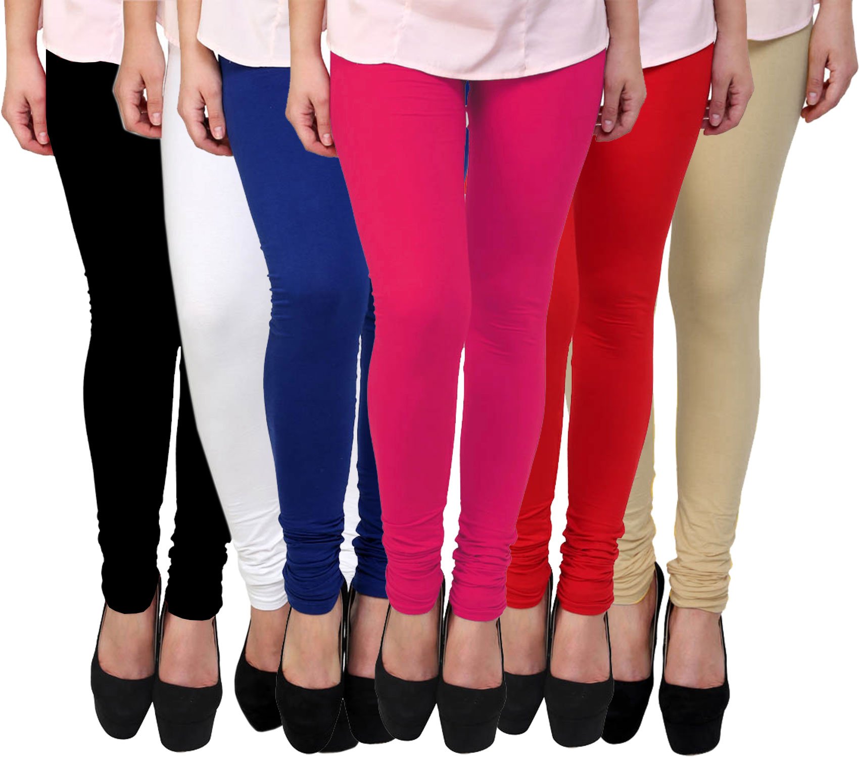 Women's Soft and 4 Way Stretchable Churidar Leggings Combo (Pack of 6) Black, White, Pink, Red, Blue and Beige - Free Size-image-33