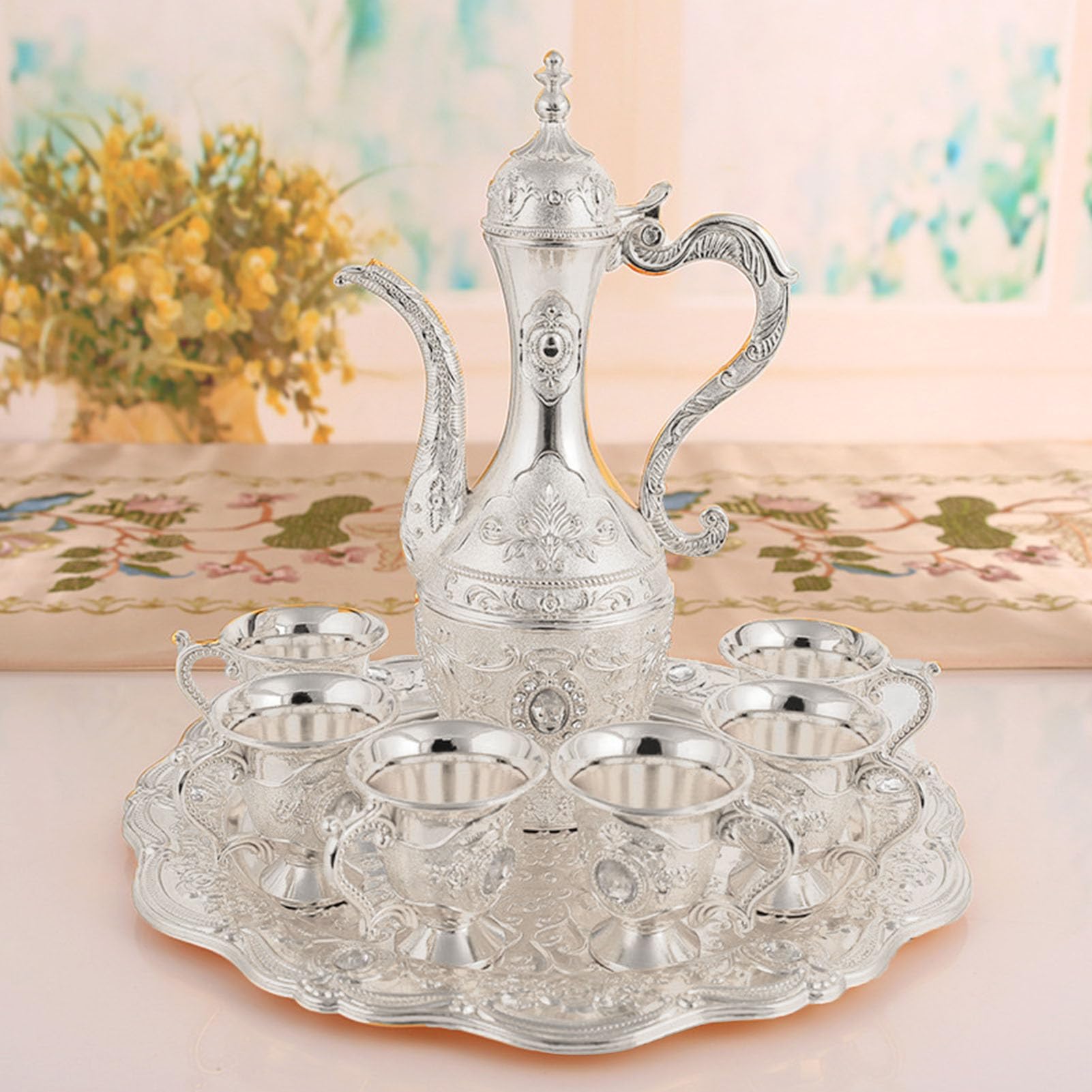 Service à thé Turc, Cafetière Turque Vintage avec 6 Tasses à café et Plateau à thé, Kit de Pot à Vin en Métal en Alliage de Zinc, Pichet en Verre à Vin Européen pour la Maison,