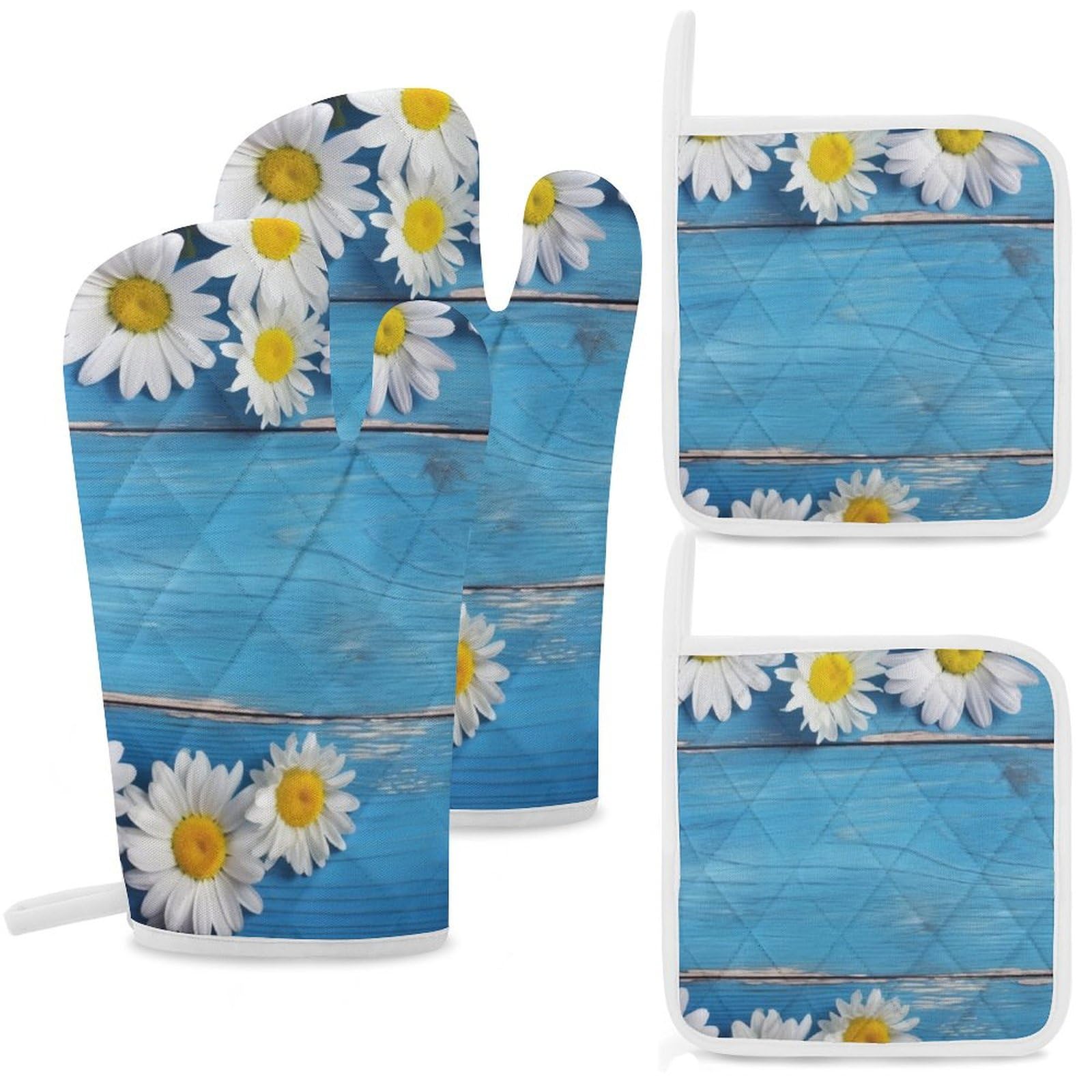 Lot de 4 maniques de cuisine en bois résistant à la chaleur avec coussinets chauds à suspendre Motif marguerites Bleu