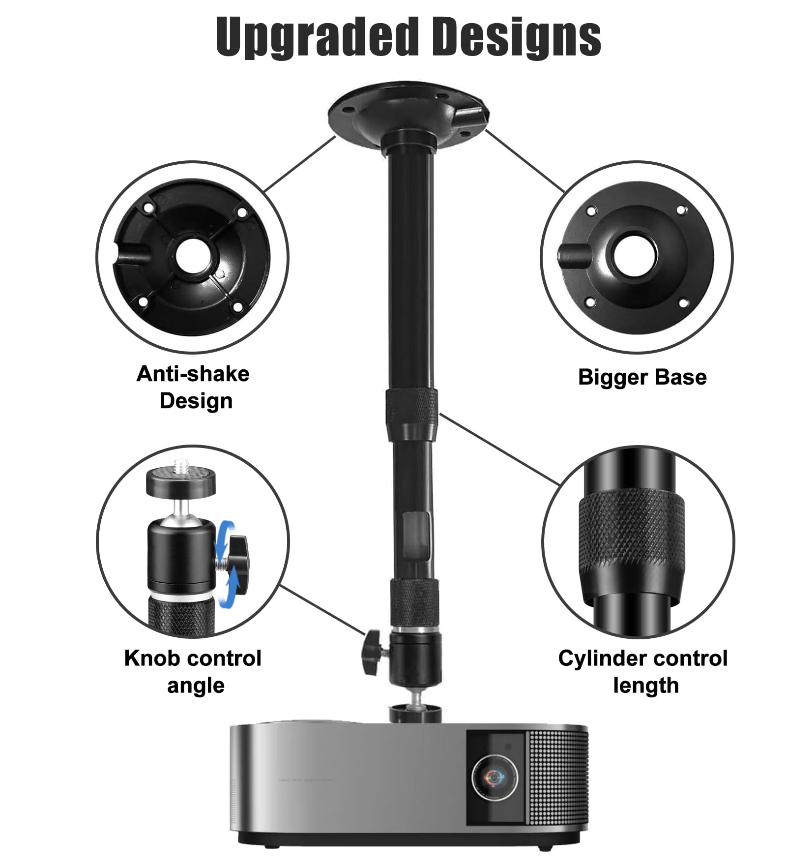 2-Be-Best Supporto per proiettore girevole a 360°, lunghezza da 41 a 65 cm, staffa regolabile per mini proiettori, nero