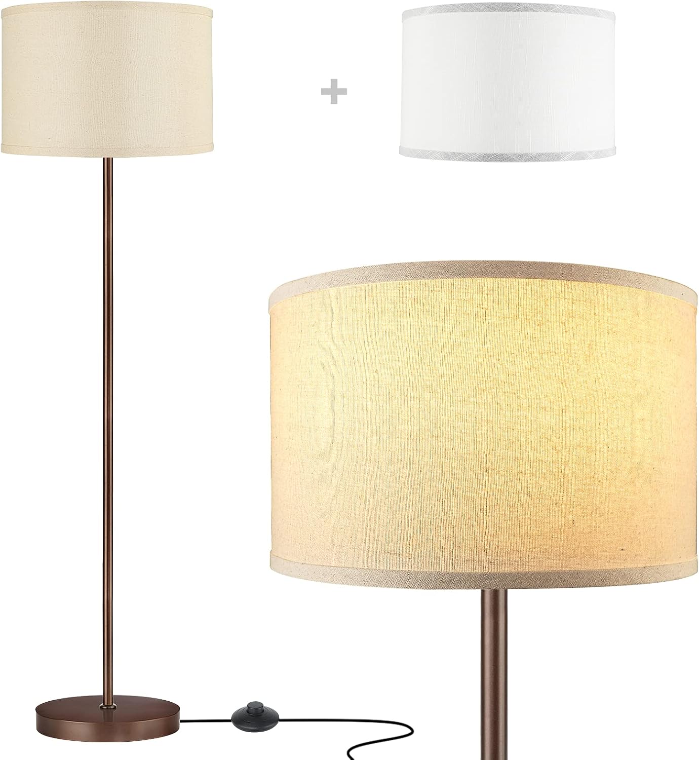 Floor Lamps for Living Room with 2 Lamp Shades, LED Vintage Standing Lamp Simple Design, Tall Reading Pole Lamp Standing Light, Oil Rubbed Bronze Floor Lamps for Bedroom, Office, Study Room