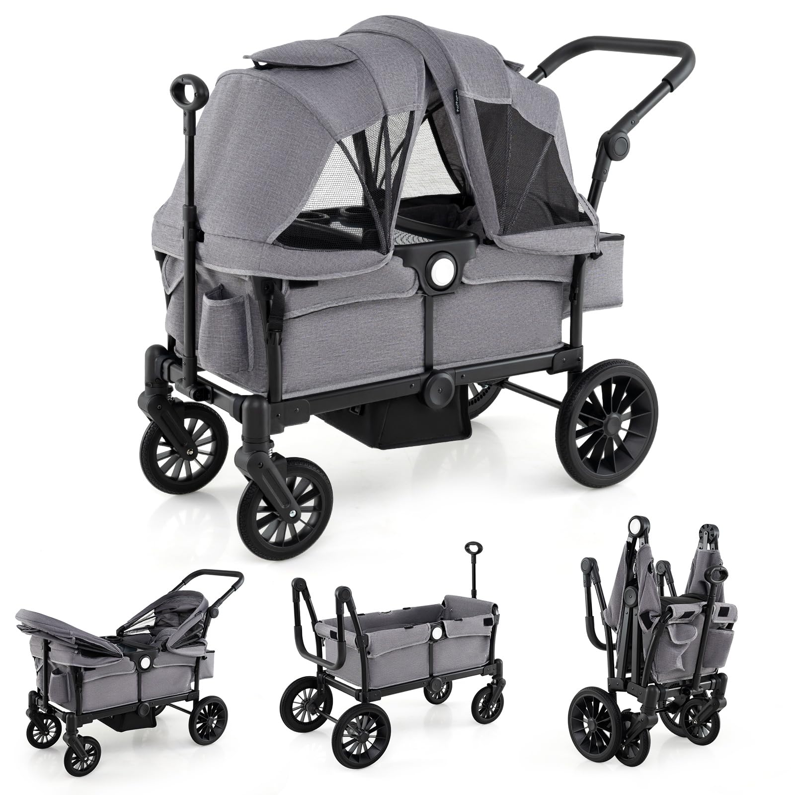 GYMAX Foldable Wagon for Kids to Sit in, Push Pull Double Stroller with Adjustable Handle, Removable Canopy, Cup Holder & Food Tray, Portable Push Pull Cart for Babies 6+ Months Old (Gray)