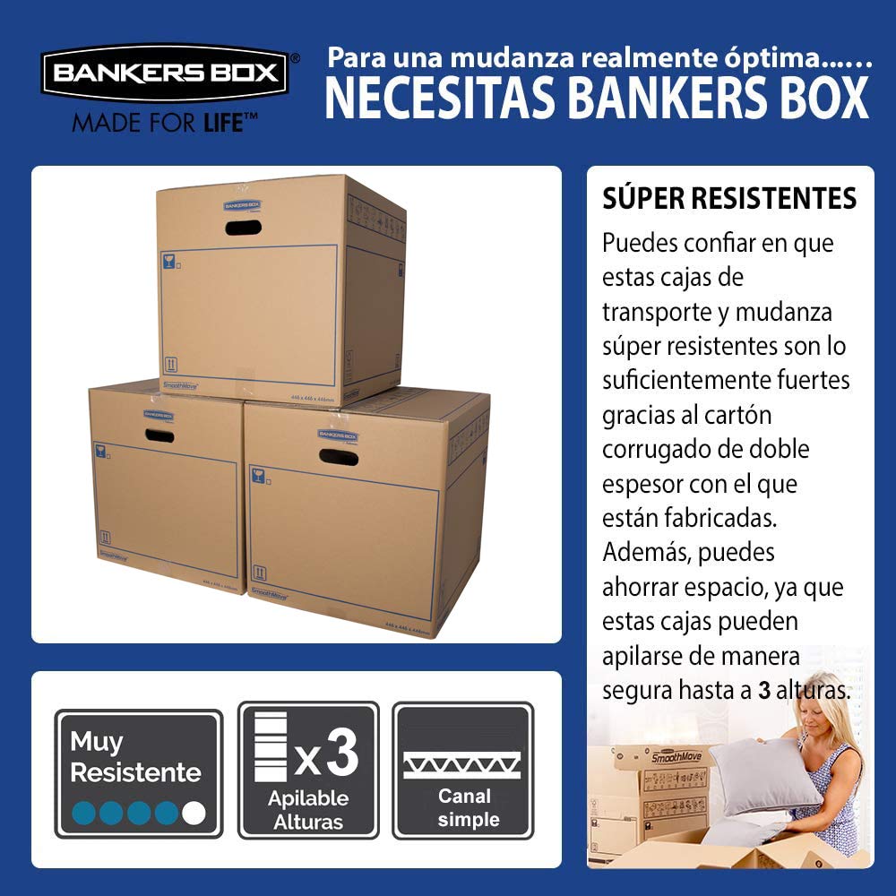 Bankers Box 6208301 Pack 10 Cajas de Cartón con Asas para Mudanzas, Almacenaje y Transporte Ultrarresistentes, Canal Simple Reforzado, 32 Litros, Marrón, 43 x 30 x 25 cm