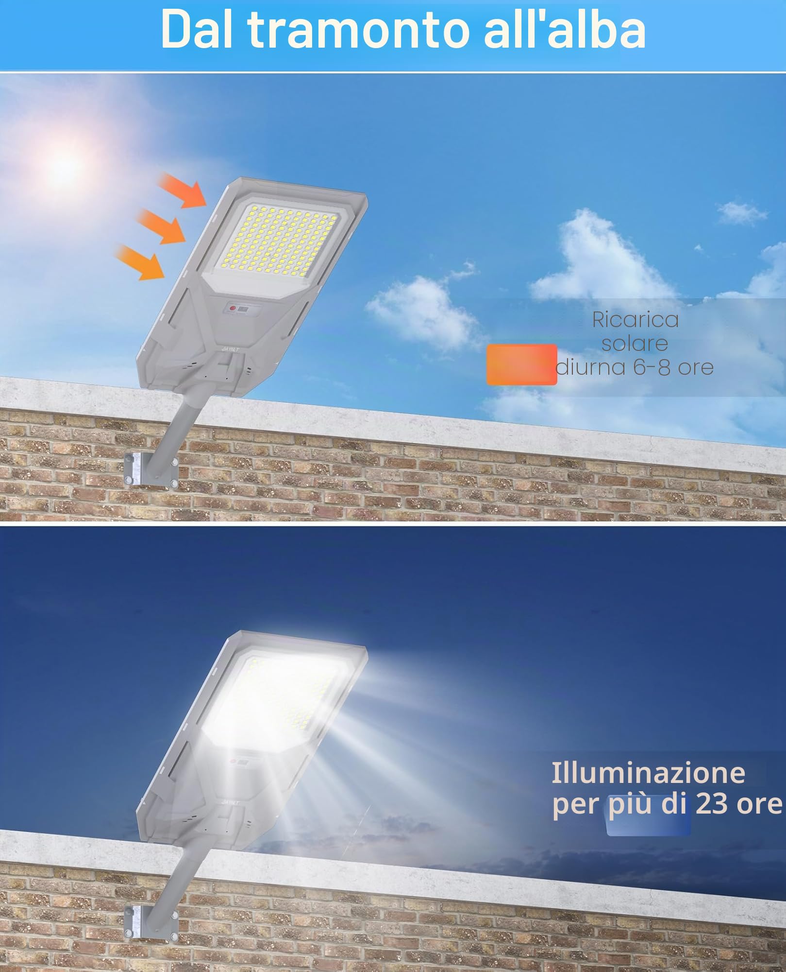 JAYNLT X-8500W Lampione Solare LED Esterno con Sensore Movimento, 6500K Faro led Esterno con Pannello Solare, IP67 Impermeabile lampioni Solari per Cortile Garage Giardino Strada | Sensore di movimento ultra luminoso, illuminazione di sicurezza per parche