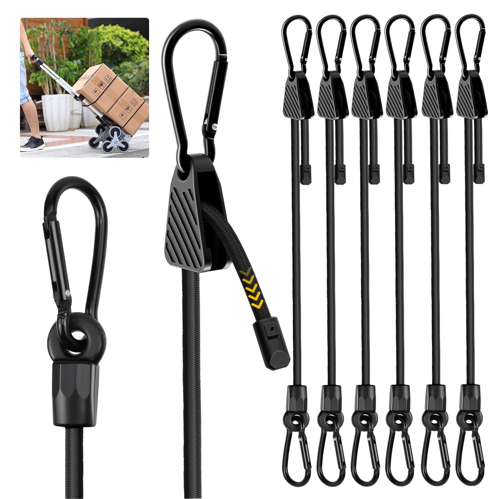 Expander mit Karabiner Haken, Spanngummi Verstellbar, Wetterfester, UV-beständiger, Schwarz Gummispanner Gepäckspanner für Sonnensegel, Gartengeräte, Ladung, Dachträger, Auto, Zelten
