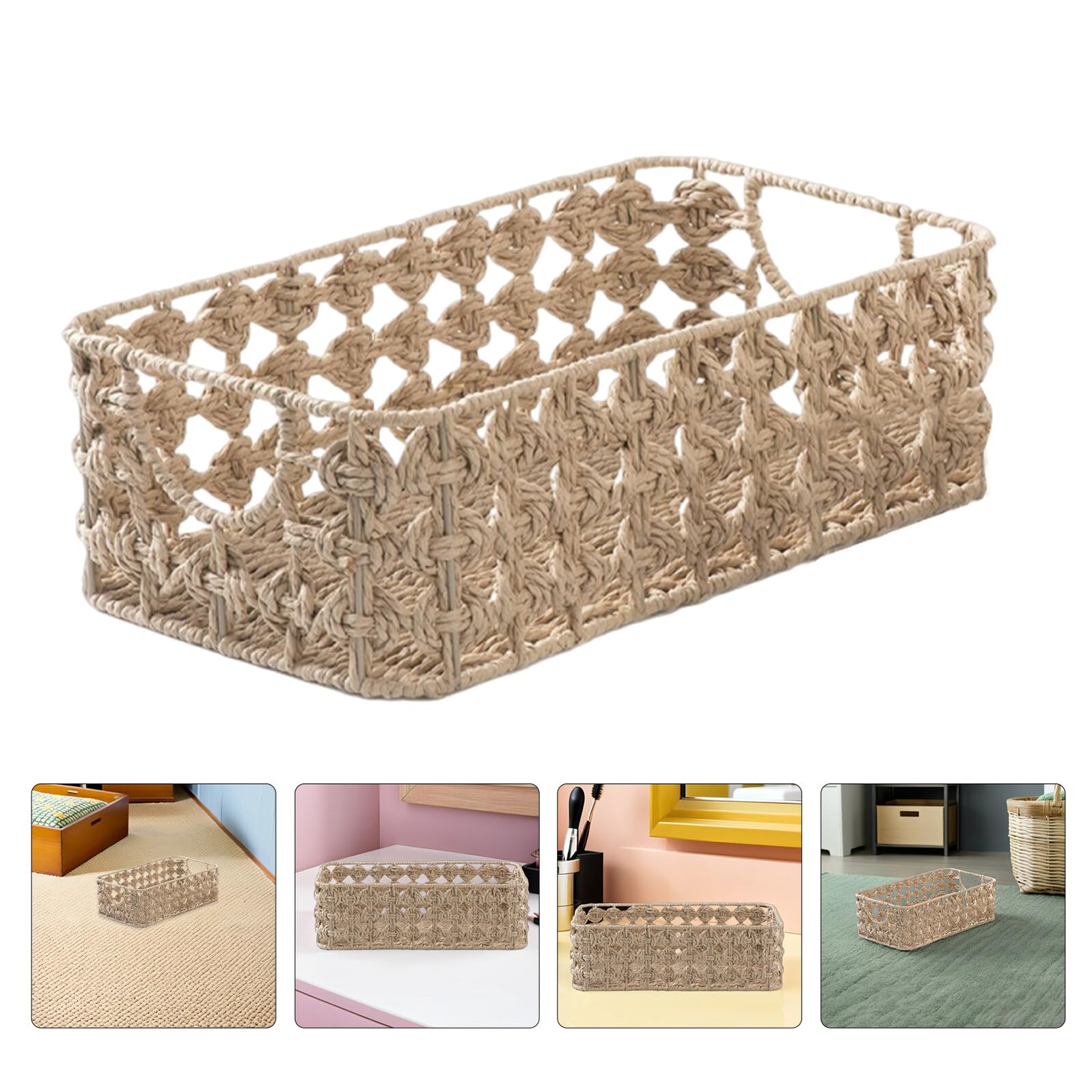 jojofuny Organizer da Tavolo Intrecciato a Mano in Corda di Carta Rettangolare Cestino Portaoggetti per Trucco Snack e Piccoli Accessori Contenitore Salvaspazio per Scrivania e