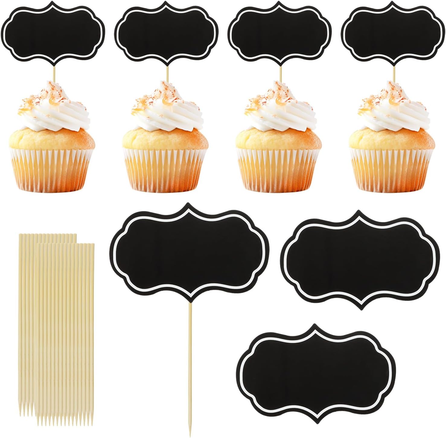ONLYKXY 30pcs Cake Cupcake Toppers Blank Toothpick Flag Cute Food Appetizer Decor Funny Stick Picks DIY Marker Tag Sign for Graduation Theme Party Easter Bride Shower Birthday Wedding (Black)