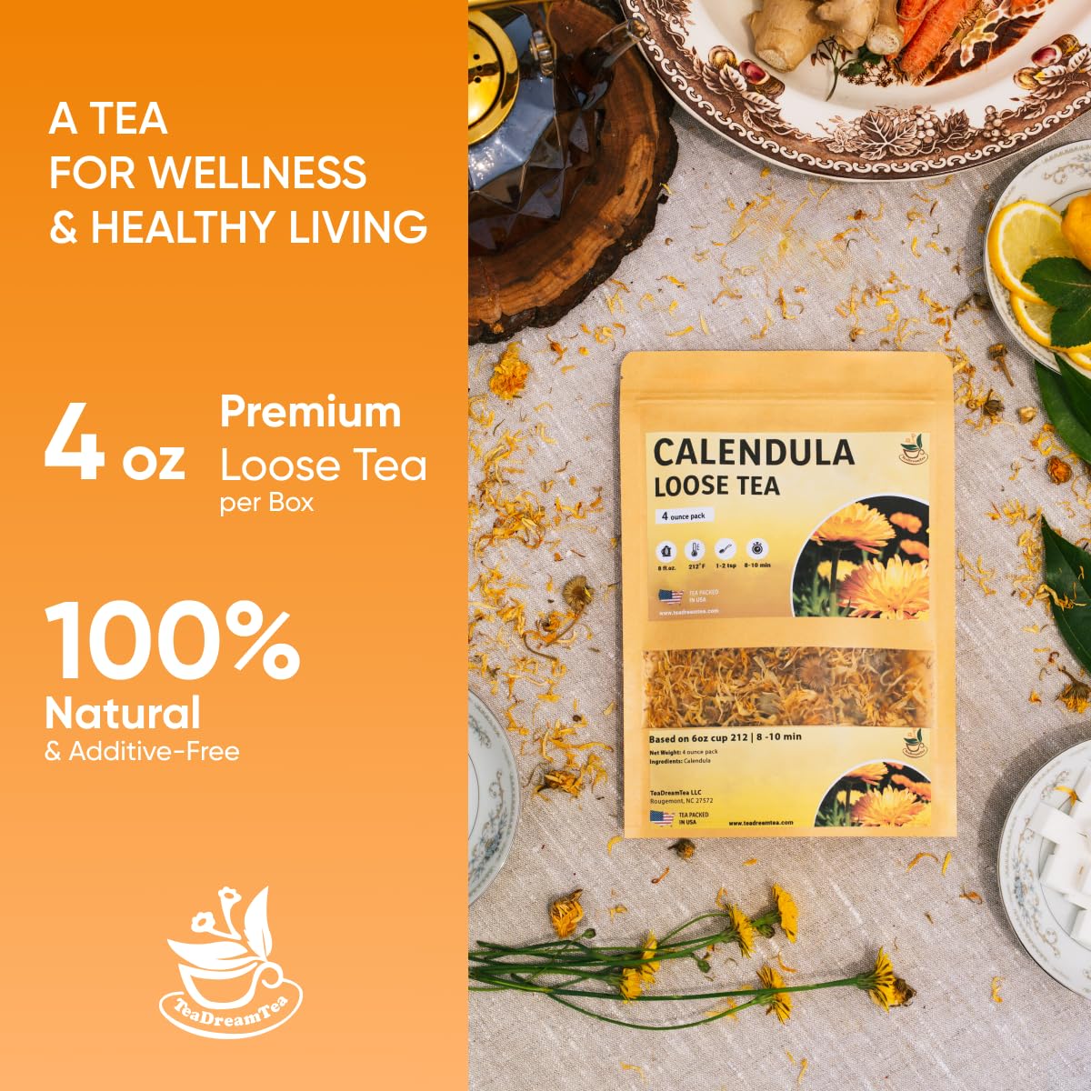Calendula Loose Tea – 4 oz Size - Marigold & Dried - Calendula Tea Bulk Flowers Gluten-Free and Caffeine-Free Herbal tea for Relaxation, Wallness, From Real Flowers with Smooth Taste - Image 2