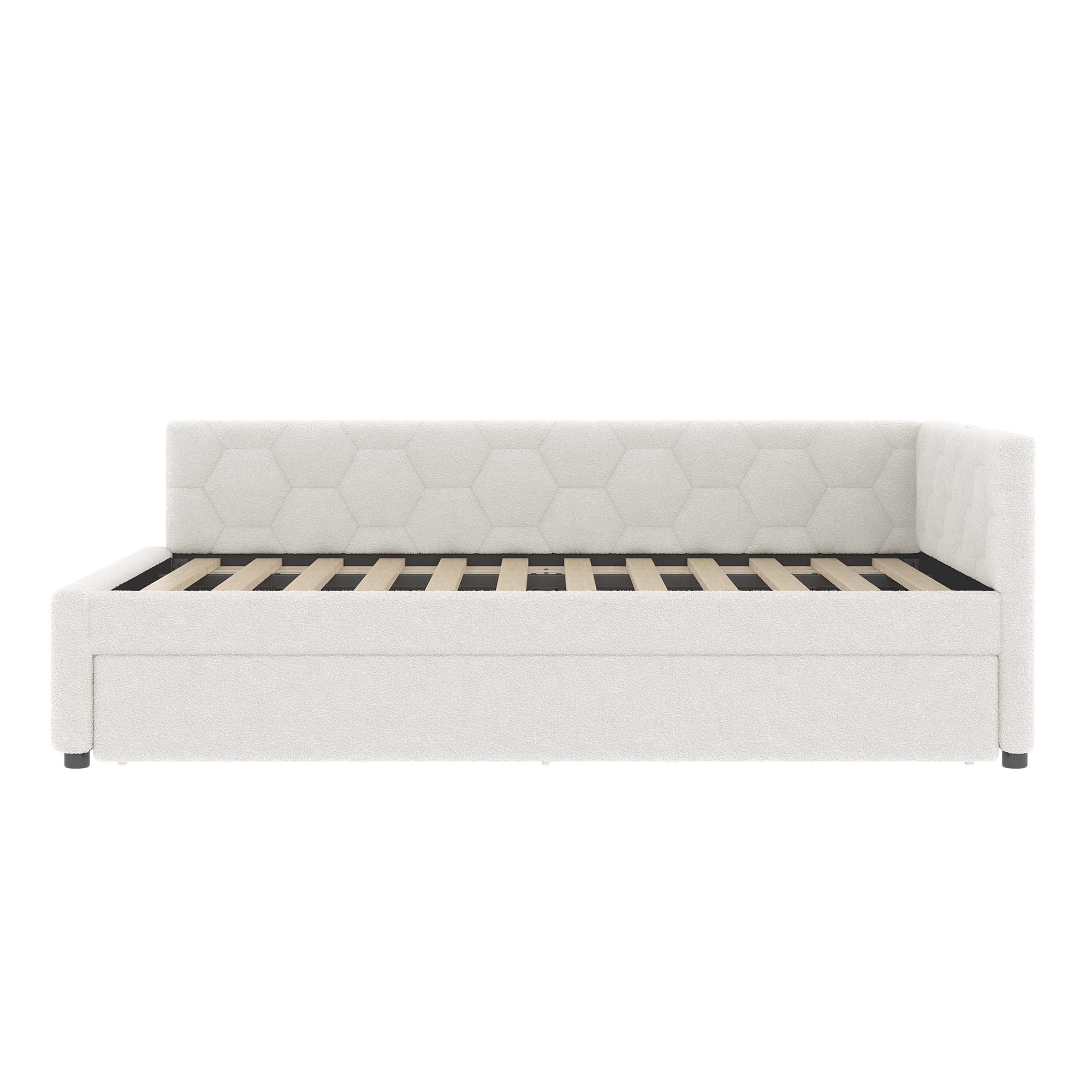 Letto Tessile 140x200cm con Sommier a doghe stabili e Struttura Letto Matrimoniale fissa divano letto estensibile secondo letto estraibile schienale geometrico vlies Bianco