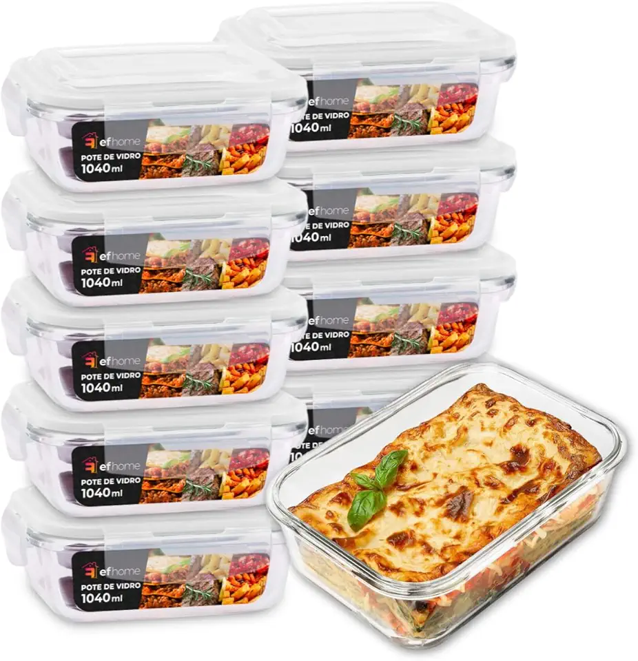 KIT 10 Potes de Vidro Retangular com Tampa Hermética 1040ml Cor: Transparente