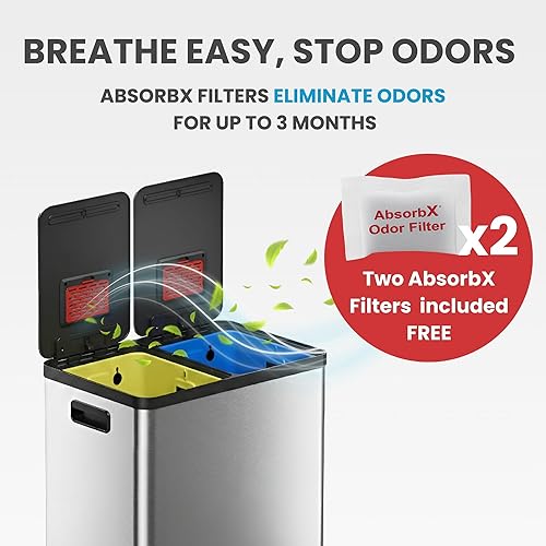 Miniatura 5 de iTouchless Cubo de basura doble de cocina de 16 galones / 60 L y cubo de reciclaje, cubos extraíbles de 2 x 8 galones, pedal de acero inoxidable