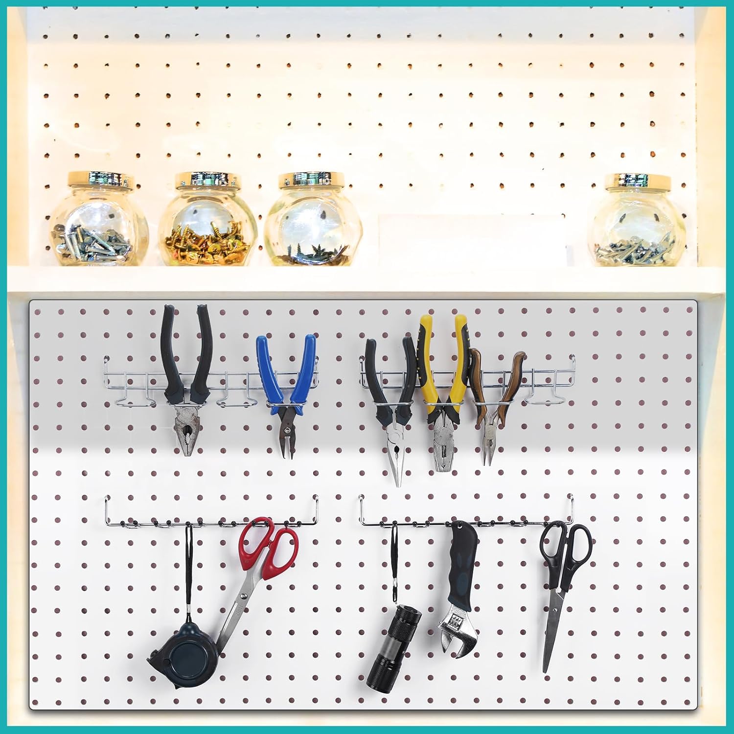 Coume 6 Pcs Pegboard Screwdriver Holders Organizer Pegboard Plier Holders Stainless Steel Peg Board Tool Utility Hooks Accessories Shelving Display Multi-Ring Tool Racks for Shop Store(Silver)