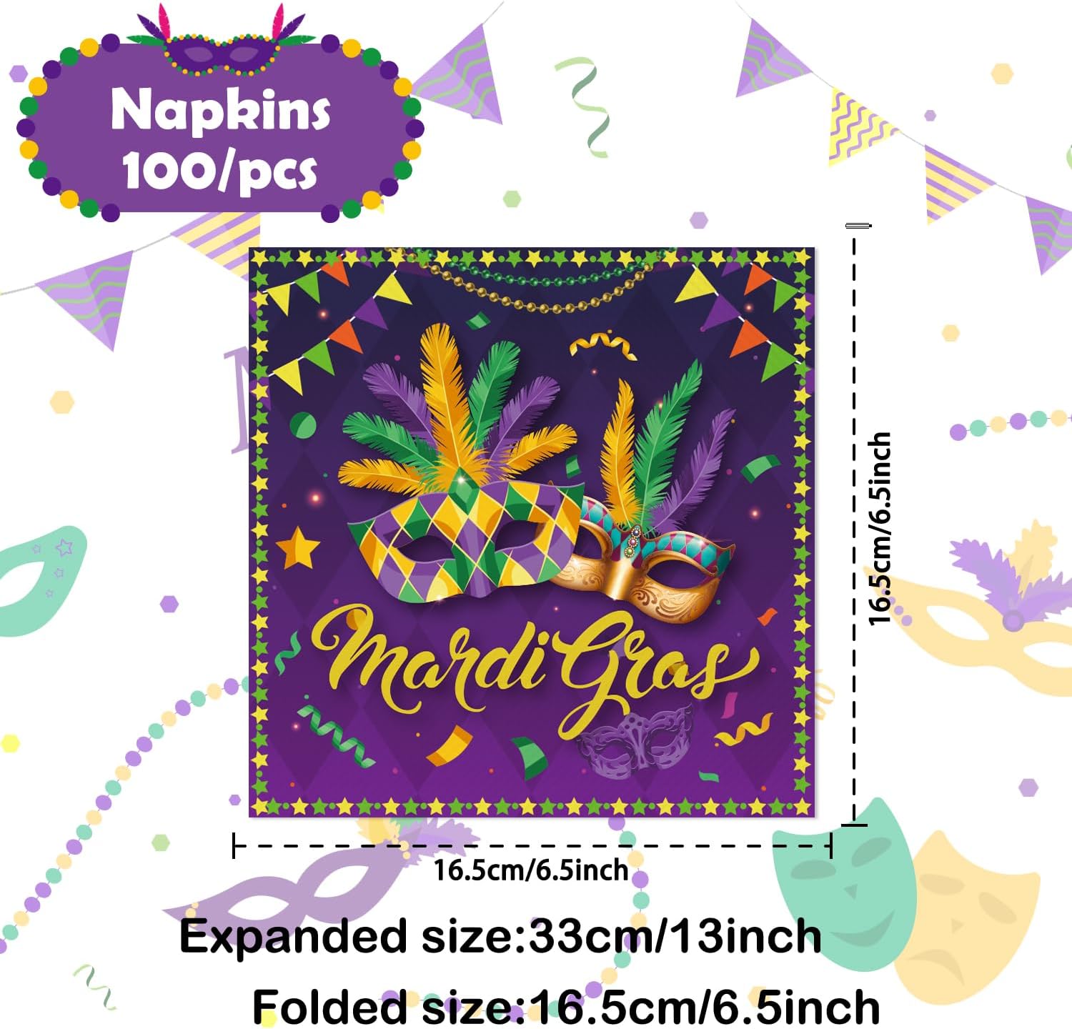 100PCS Mardi Grass Napkins 6.5" x 6.5" Mardi Gra s Party Decorations New Orleans Mask Napkins Carnival Masquerade Party Decorations Mardi Grass Party Supplies