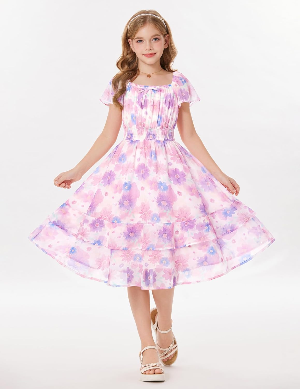 GRACE KARIN Girls Floral Summer Dress Flutter Sleeve Square Neck Midi Casual Dress for Girl 6-14Y - Image 8