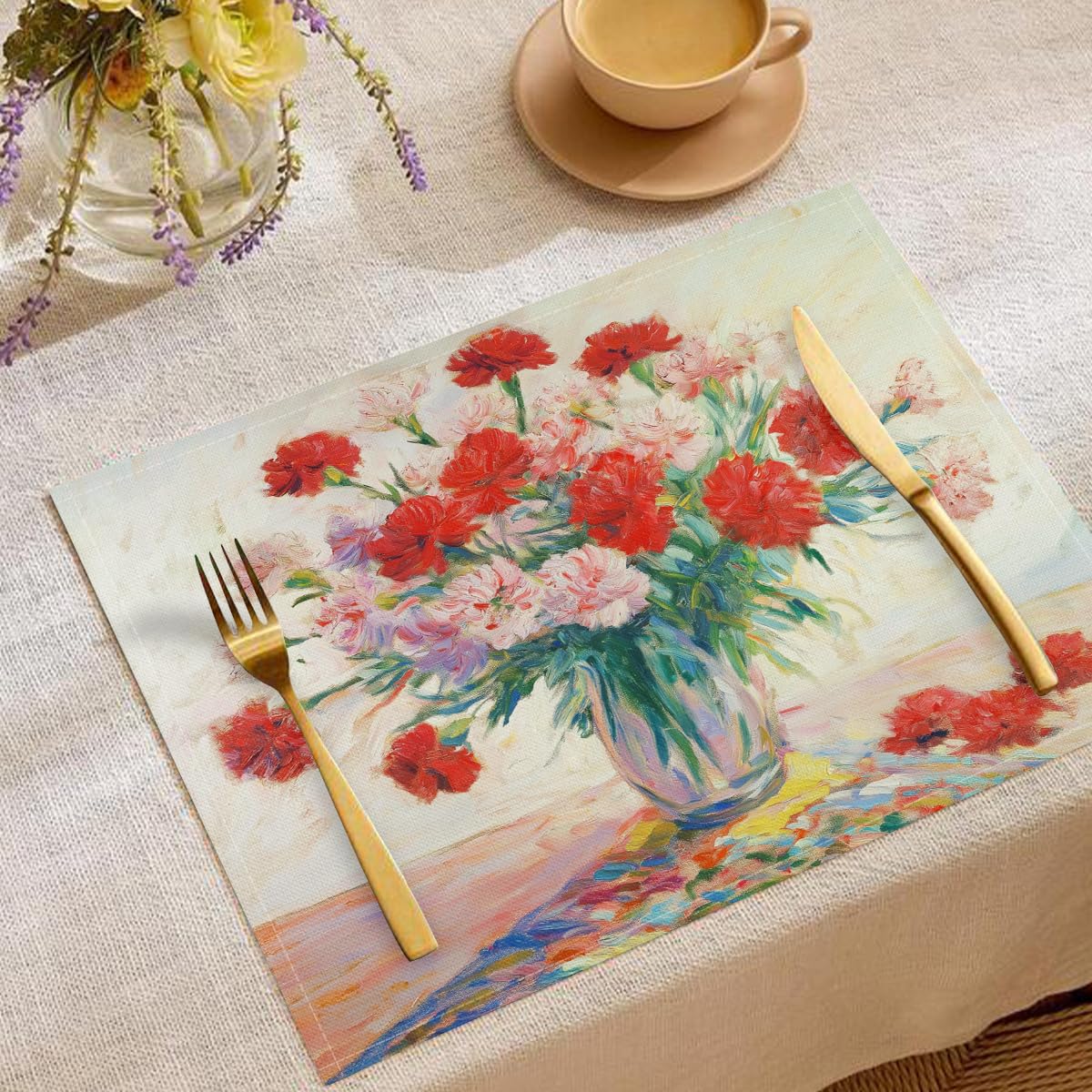 Sets de table lavables pour enfant 45x30 cm décor fleurs d'œillets style peinture à l'huile x8
