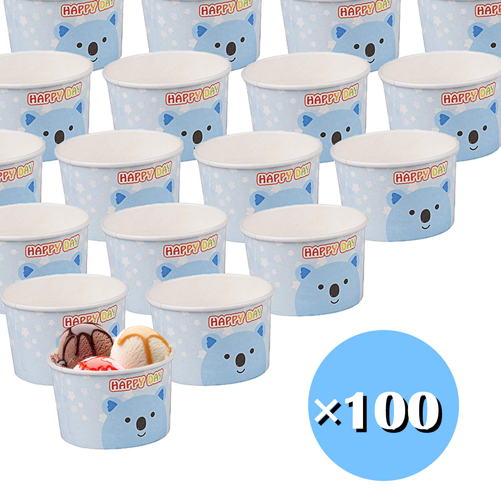 100 sztuk papierowych kubków o pojemności 120 ml, do lodów, do lodów, dla rodziny, na kemping, na urodziny dziecka, niebieskie, białe