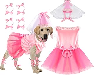 Sweetude 6 Pieces Halloween Princess Dog Costume Set Female Puppy Princess Tutu Skirt Dog Hat Delicate Cuffs PET Pink Outfits for Dogs Birthday Wedding Party (XXL)