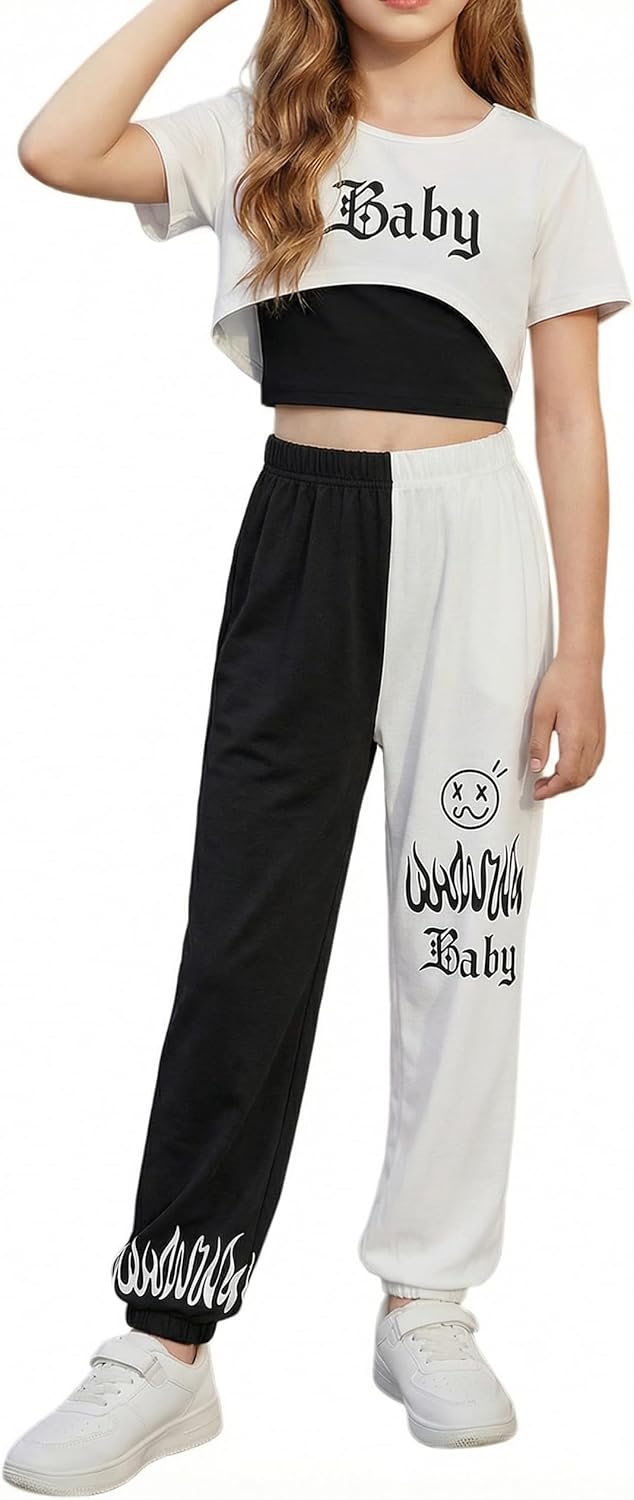 Arshiner Girls 3 Piece Set Short Sleeve High Low Hem Overlay Top & Cami with Sweatpants Kids Outfit 6-13 Years