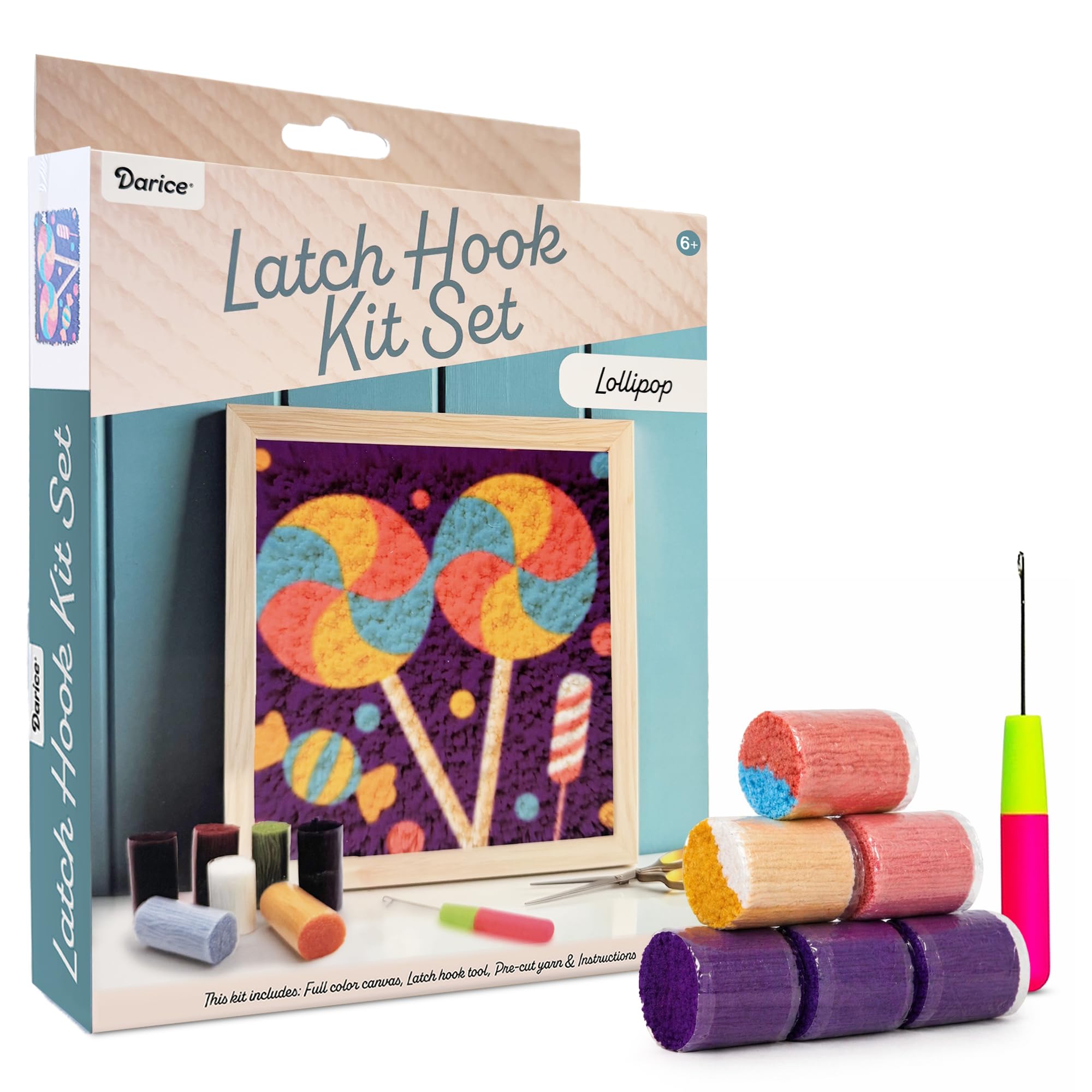 Darice Latch Hook Rug Kit, Lollipop Design DIY Latch Hook Kit for Kids &amp; Adults, Color Canvas, PreCut Yarn &amp; Hook Tool, Craft Activity &amp; Gift for Kids