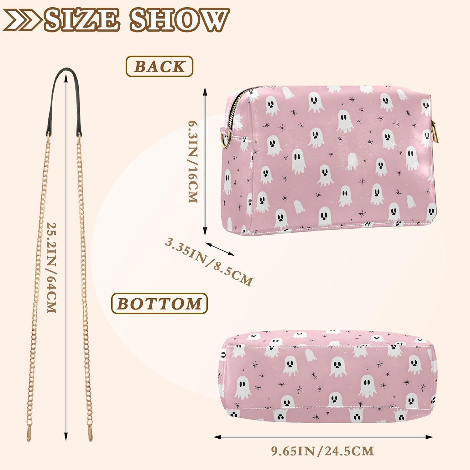 Women Crossbody Bag Shoulder Handbag Cellphone Purse Halloween Cute Print, PU Leather Metal Chain Strap Water Resistant Zipper Closure