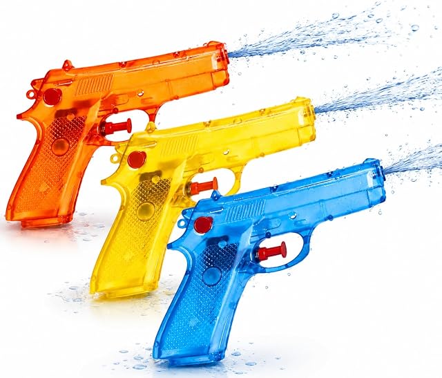 Zestaw 3 wielokolorowych pistoletów na wodę o długości 15 cm – Bardzo duży zasięg – Mały mini pistolet natryskowy – Pistolet na wodę dla dzieci