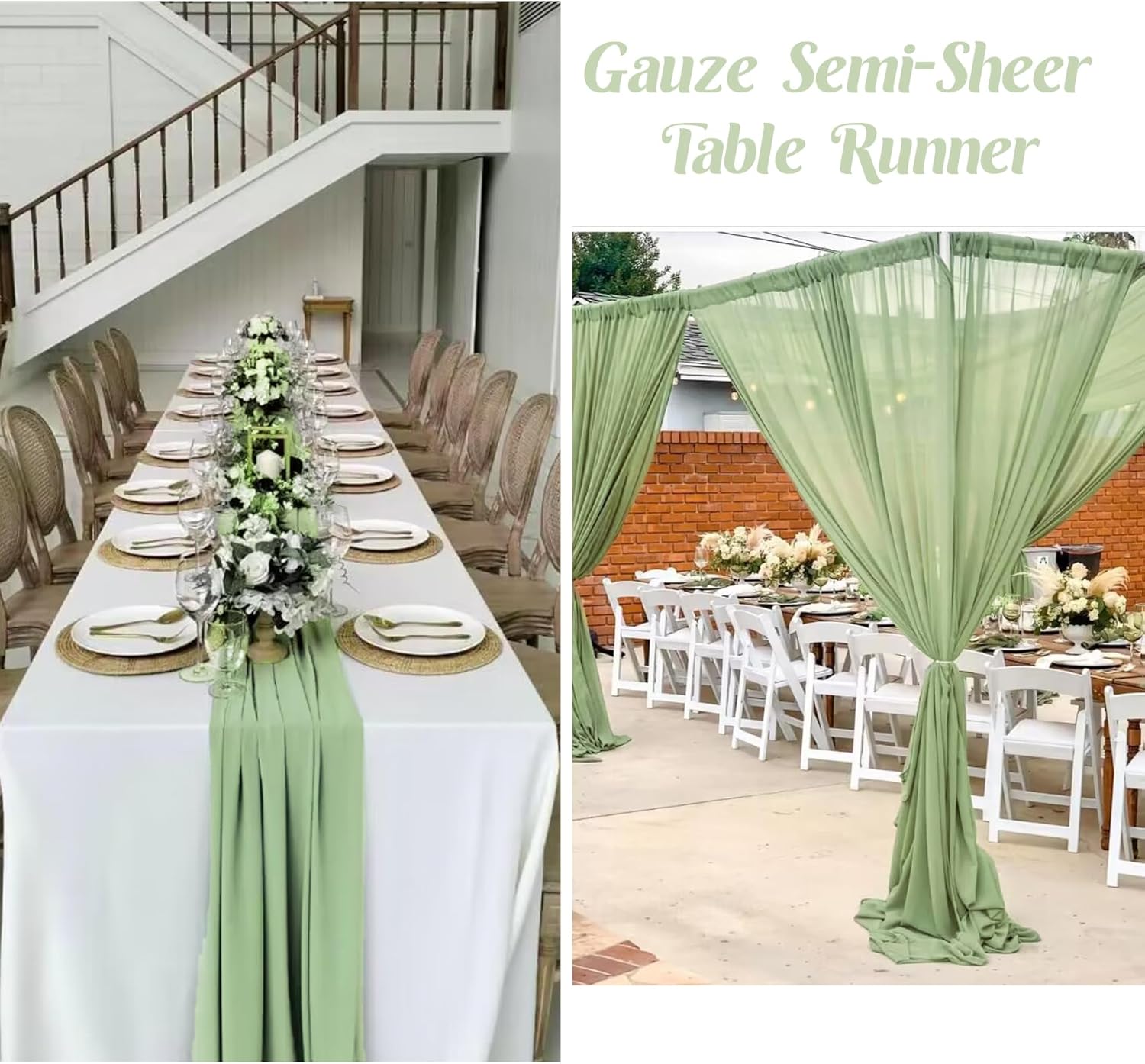 6 Pack 10Ft Sage Green Chiffon Table Runner 29x120 Inches Sheer Fabric Table Runner Romantic Wedding Runner for Thanksgiving Christmas Bridal Shower Decorations（Sage Green）