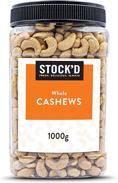 STOCK'D Raw Whole Cashews,1kg, Unroasted and Unsalted Nuts Perfect for Snacking or Baking with No Preservatives in Reusable PET Jar