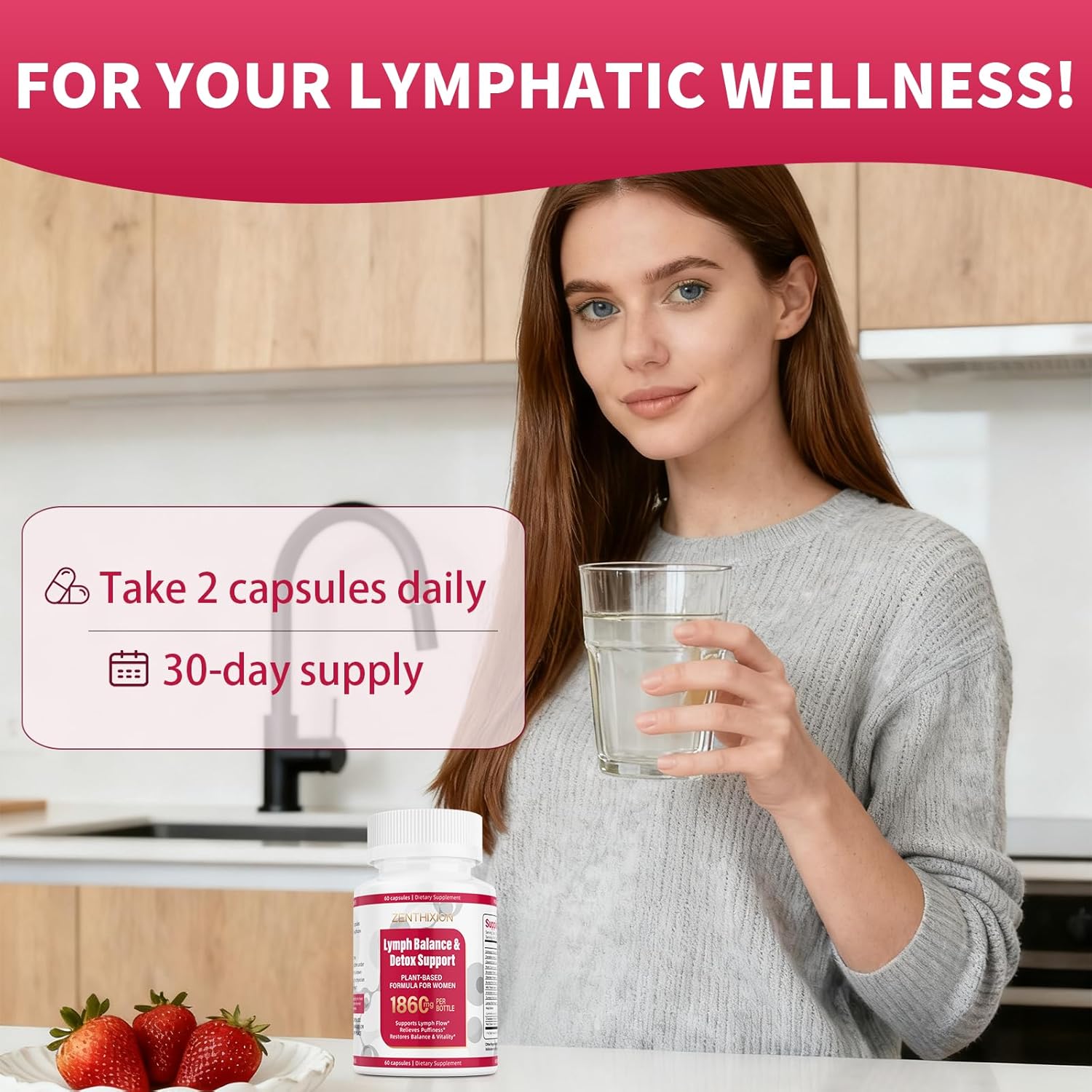 Lymphatic Drainage Supplements, 1860mg Lymph System Support Supplement for Women with Dandelion, Burdock, Echinacea, Rutin, Turmeric, Cleavers, Bromelain & More, 60 Capsules
