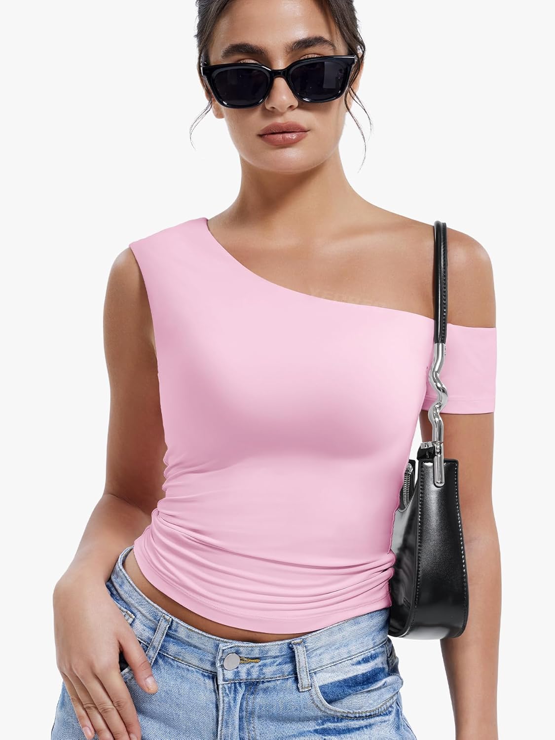 YEOREO Women One Off Shoulder Y2K Tops Double Lined Slim Fit T Shirts Going Out Basic Tees - Image 5