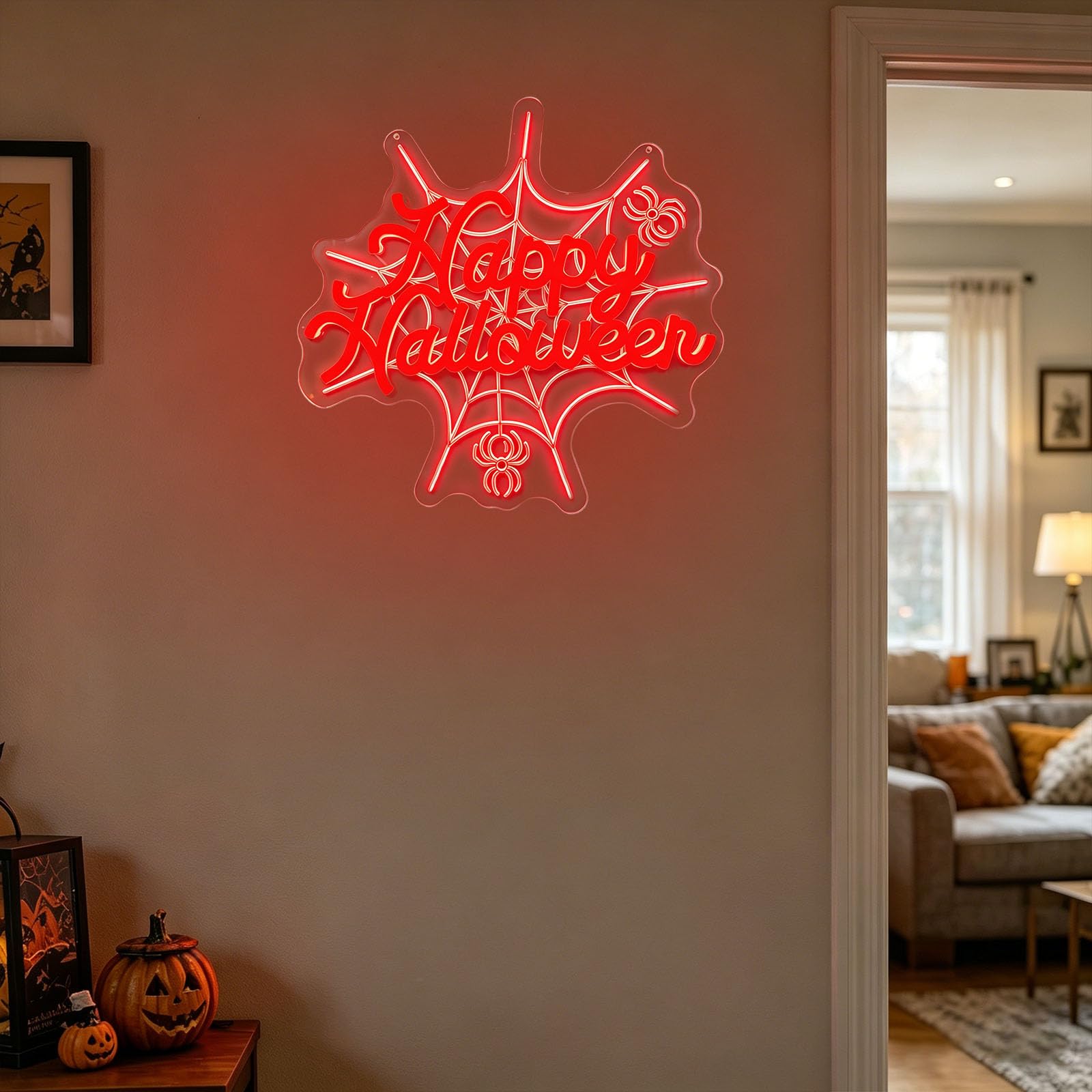 Happy Halloween Neon Sign for Wall Decor Dimmable USB Powered LED Signs Acrylic LED Neon Light for Store Showcase Halloween Party Day Of The Dead Bar (D 12.4 in × W 12.1 in)