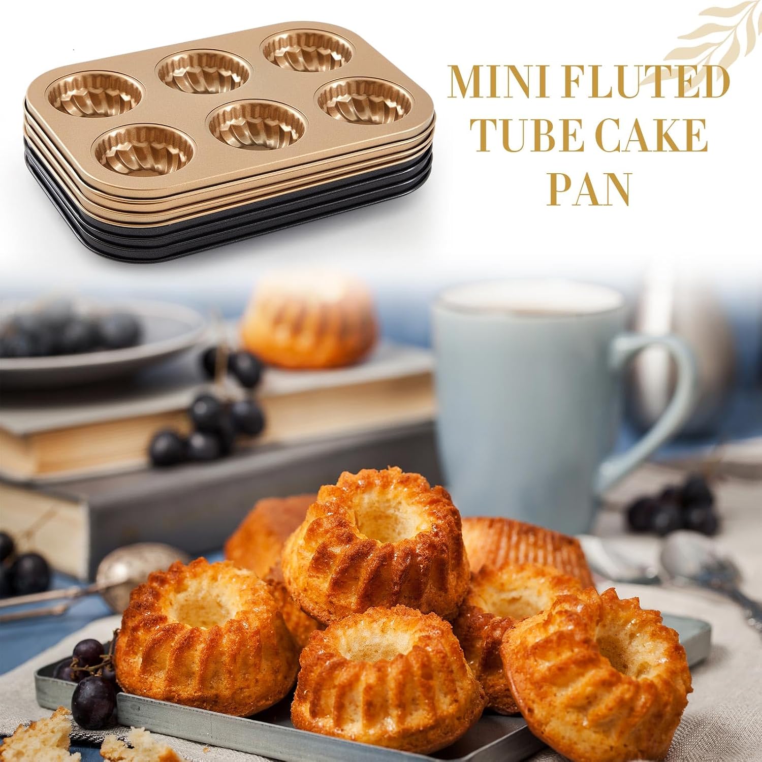 LemonRoad 6 Pcs Mini Fluted Tube Cake Pan, 6 Cavity Baking Pan, Nonstick
