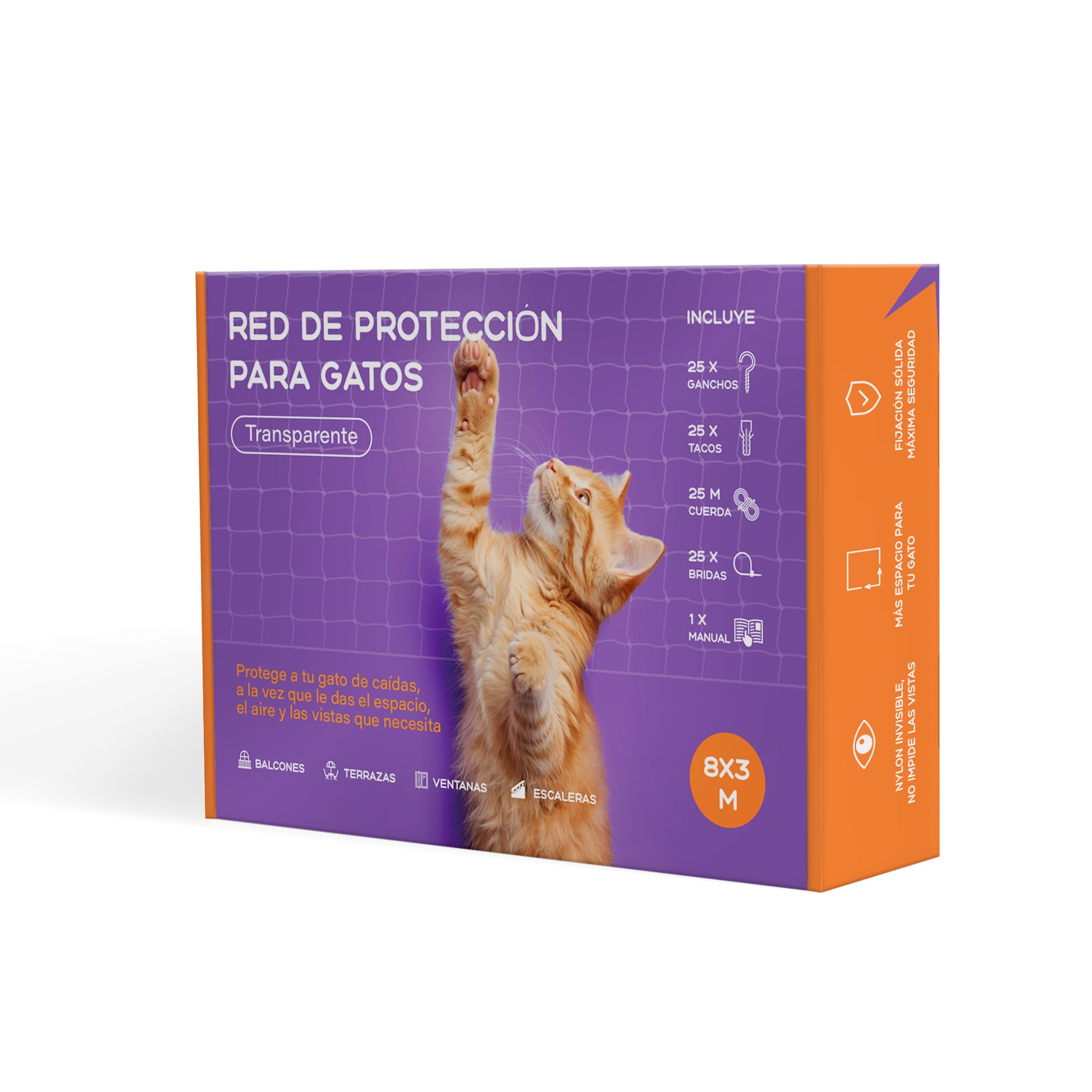 Mablik® Red para Gatos Terraza Transparente 3x8m + Kit de Instalación + Instrucciones. Malla Protectora Balcon y Ventanas de Nylon. Trama 3x3cm. Seguridad y protección para tu Gato (3x8 m)