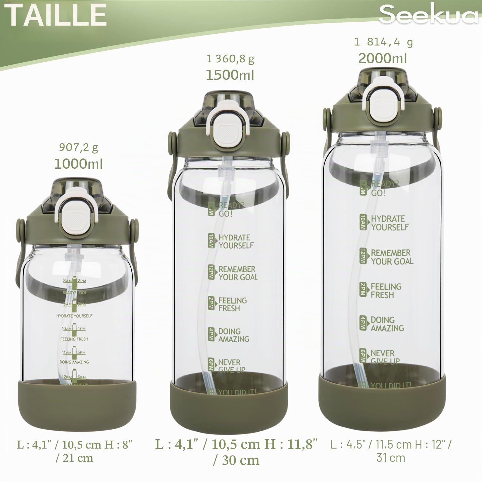 2l Sport Gourde Verre avec Paille & Infuseur à Fruits 2 litres grande Bouteille d'eau Verre avec Marqueur de Temps & Heure de Motivation