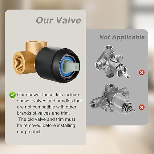 Miniatura 4 de HUCKLE Juego de grifo de ducha con cabezal de ducha, grifo de ducha negro de 8 pulgadas con válvula, kit de molduras de ducha de lluvia de un solo