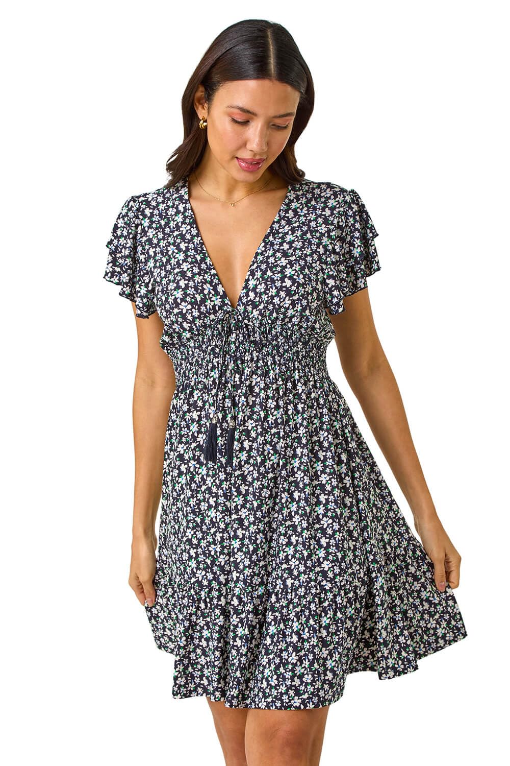 Roman Women's Navy Ditsy Frill Stretch Dress In Size 20