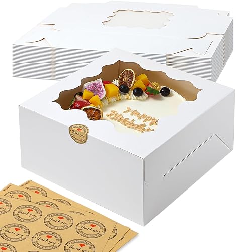 Cajas blancas de panadería para pasteles con ventana, 24 piezas de 8 x 8 x 4 pulgadas, cajas de galletas, cajas de pastelería, cajas de postre,