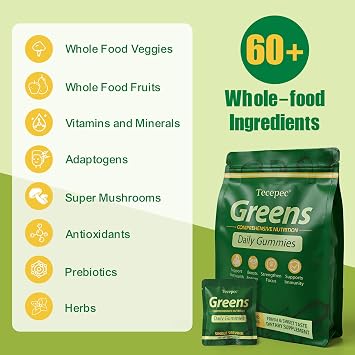 Greens Daily Gummies, Superfood Fruits and Veggies Blend with Spirulina, Chlorella, Prebiotics & Fiber, Adaptogens Multivitamin Supplement for Digestive Health, 120 Count