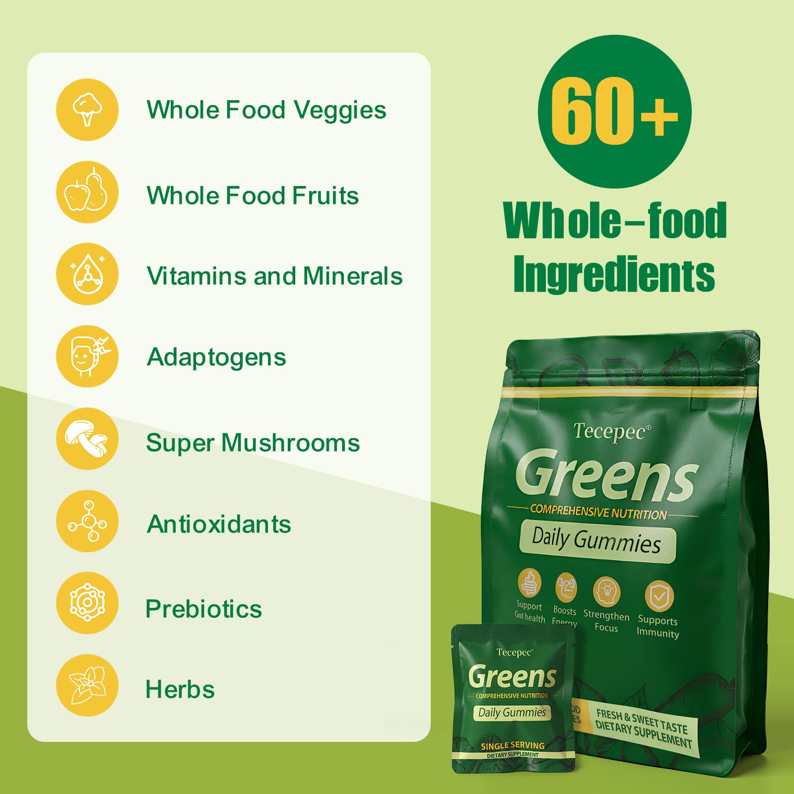 Greens Daily Gummies, Superfood Fruits and Veggies Blend with Spirulina, Chlorella, Prebiotics & Fiber, Adaptogens Multivitamin Supplement for Digestive Health, 120 Count — Amazon image 2