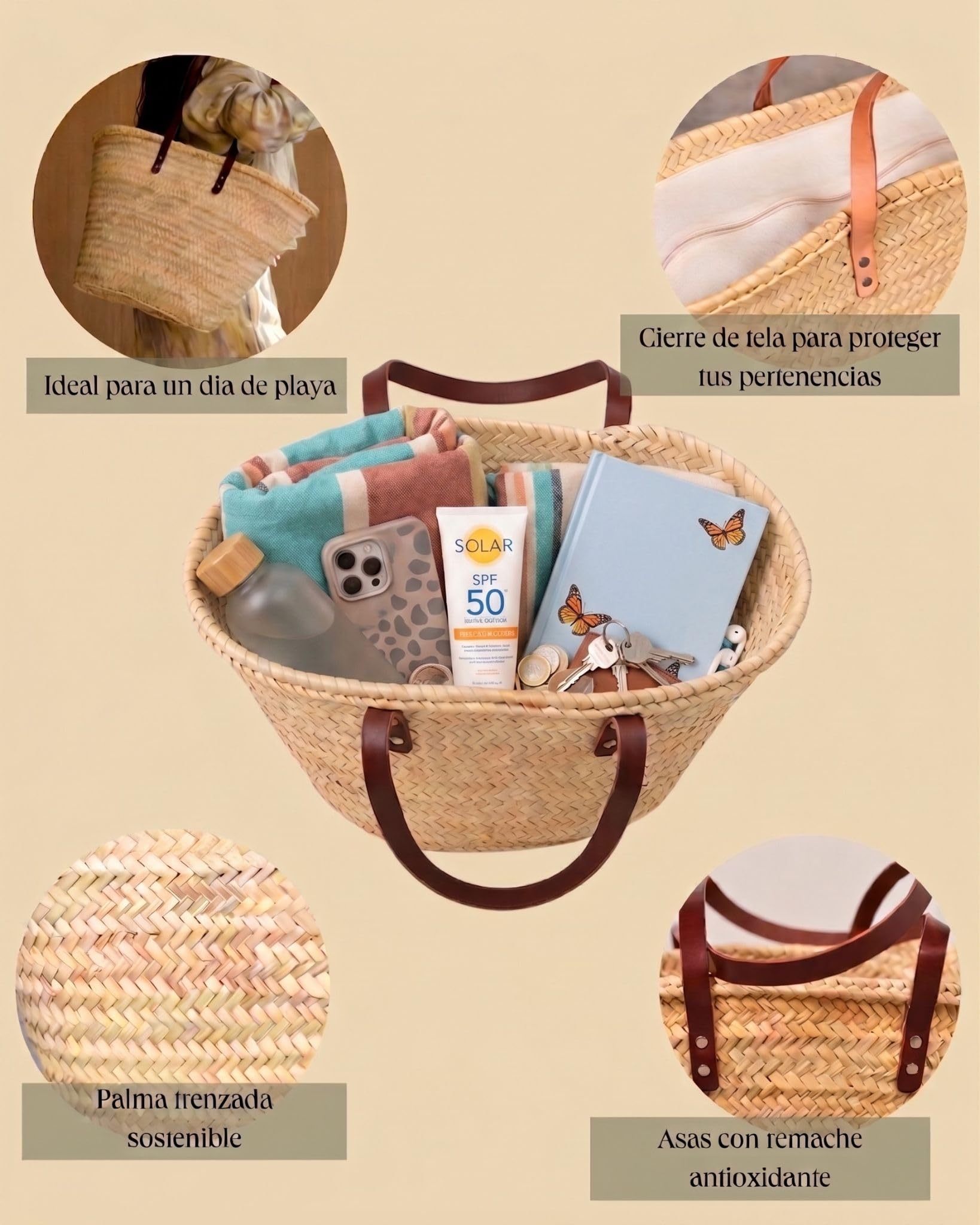 Cesteria Aparici - Capazo de Palma Mujer - Bolso Bandolera Artesanal Asas Largas Marrón con Cierre de Tela Beige EXTRA GRANDE (52x28x35cm) REF: 5340