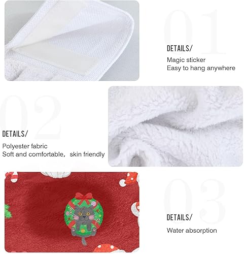 Miniatura 5 de Juego de 2 toallas de mano decorativas suaves y absorbentes para el día de Navidad, con diseño de gato, para baño, para colgar en la punta de los