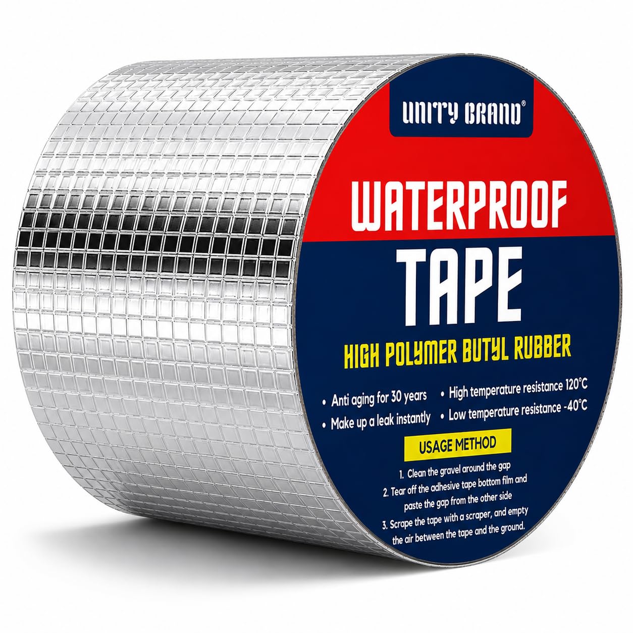 UB Unity Brand Waterproof Aluminium Tape for Roof Leakage, Heavy Duty Strong Adhesive Butyl Tape for Roof Leak, Water Tank, Window & Pipe Leakage Repair, Weatherproof Seal Tape (10 CM X 5 Meter)-image-2
