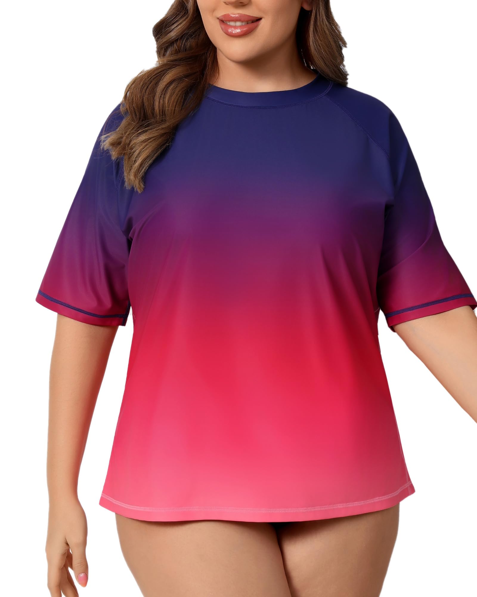 Halcurt Maglietta da nuoto da donna, taglie forti, UPF 50+, protezione solare UV, ad asciugatura rapida, 1X 4X, Ombré viola rosso, 3XL plus