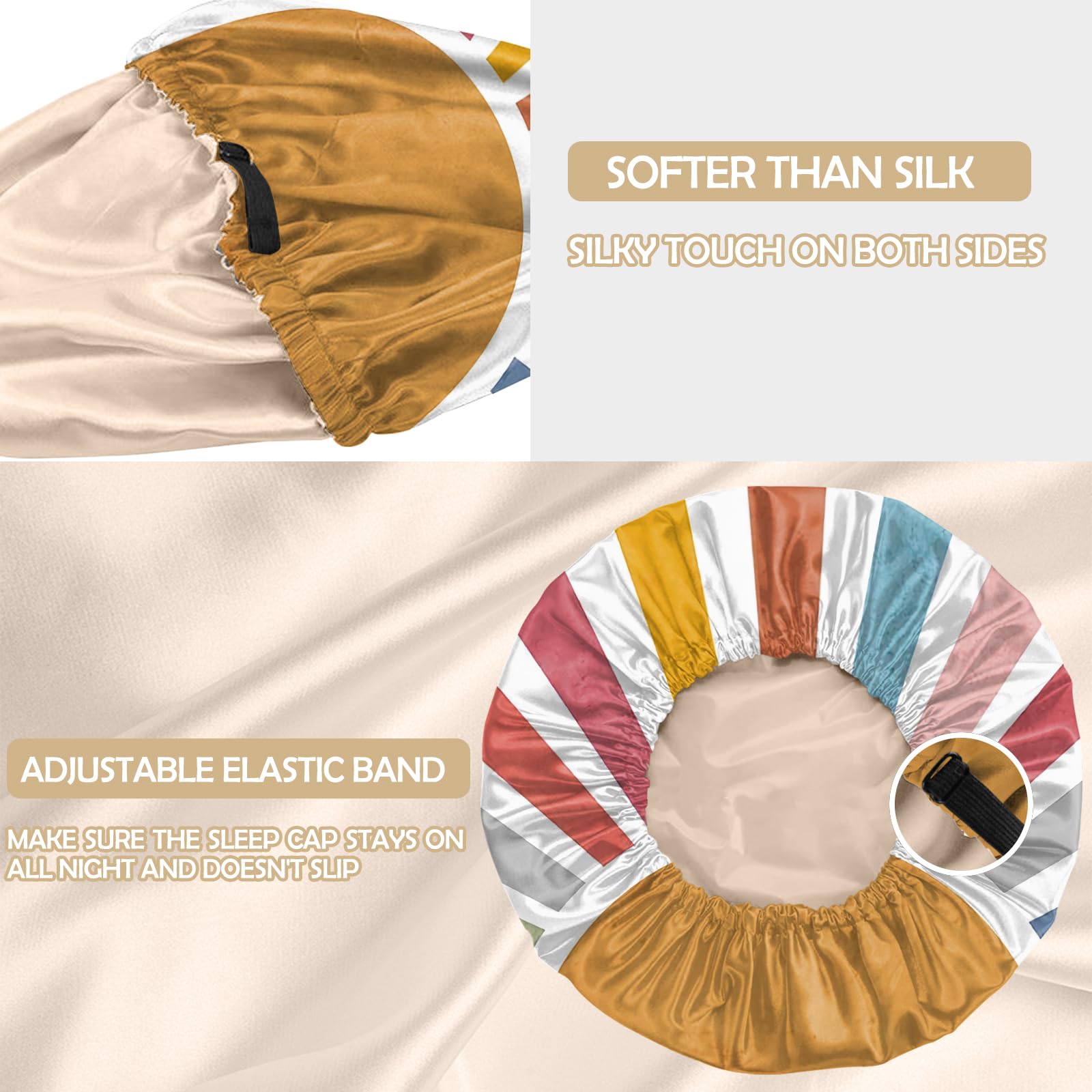BHAHB Satin Bonnet Silk Bonnet for Sleeping Double Layer Elastic Adjustable Hair Caps Reusable Cute Aesthetic for Women Girls (O7-Rainbow) - Image 3